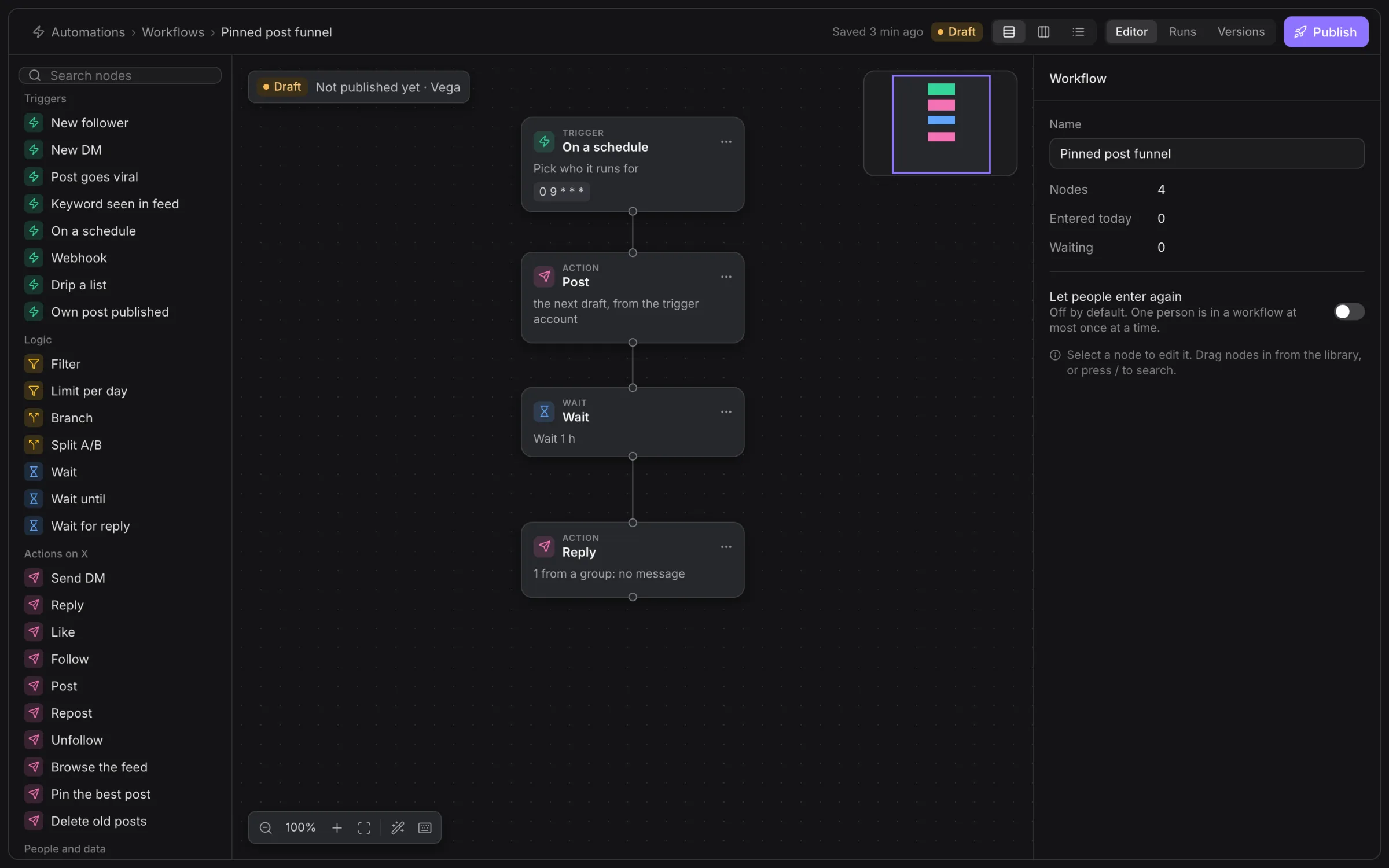 Workflow editor showing connected schedule, post, wait and reply nodes