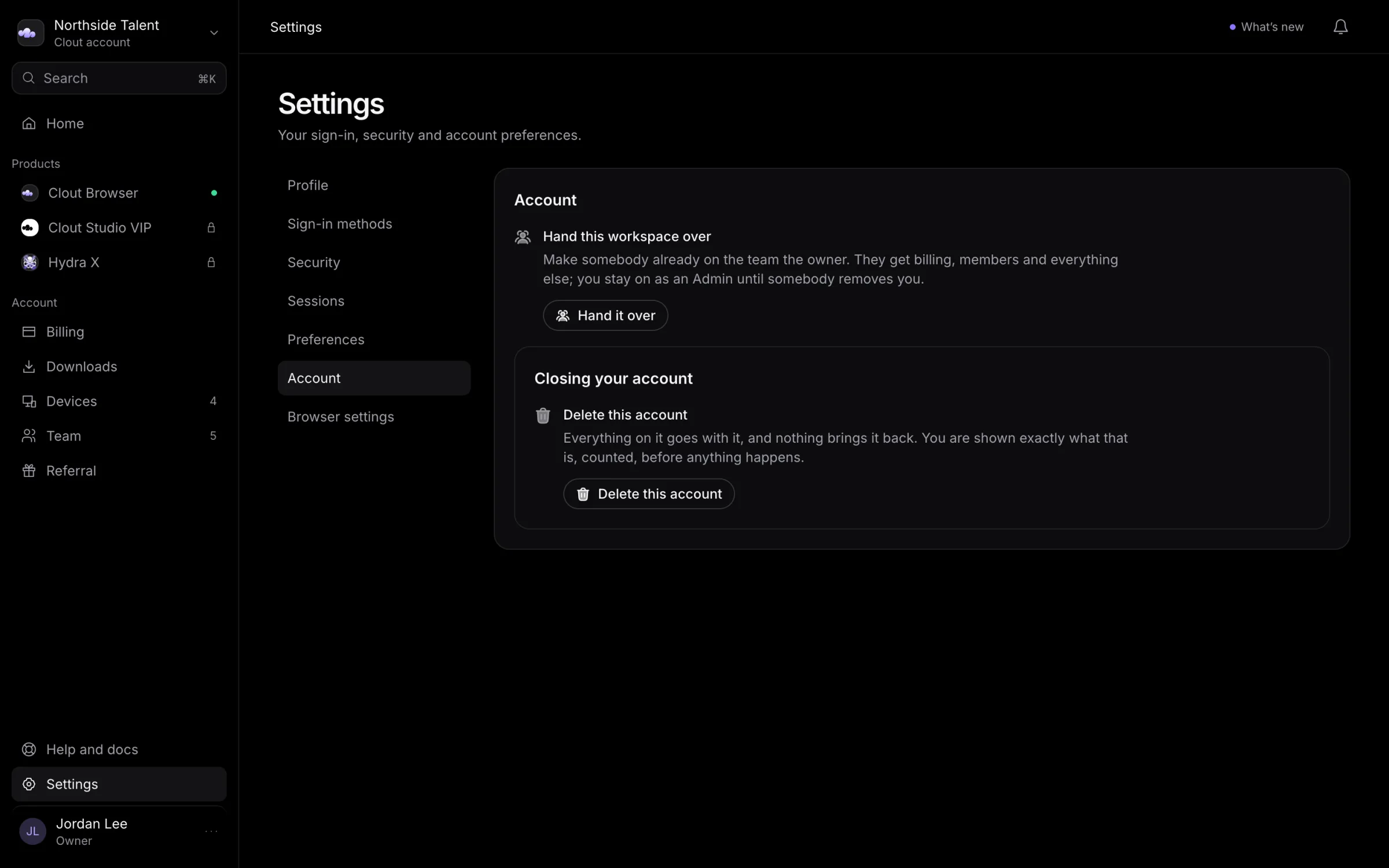Settings Account panel with ownership handover and account closing controls