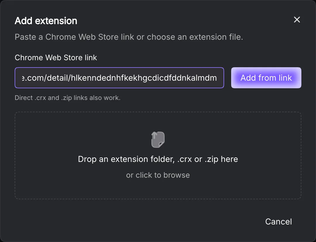 Add extension dialog with link and file options