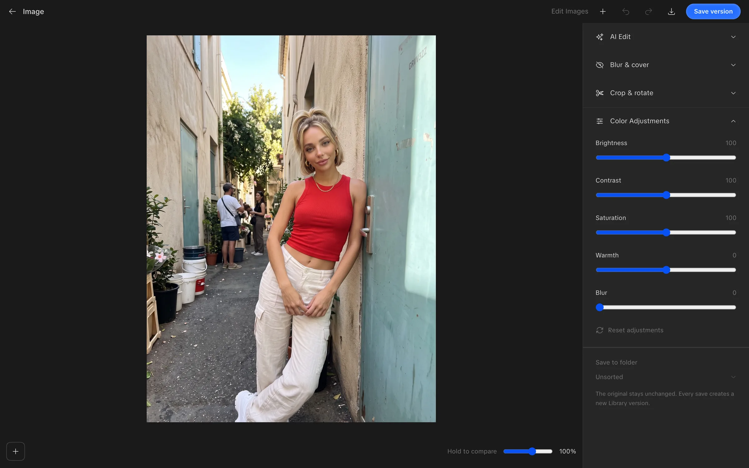 Image editor with a clothed example image and color adjustment controls