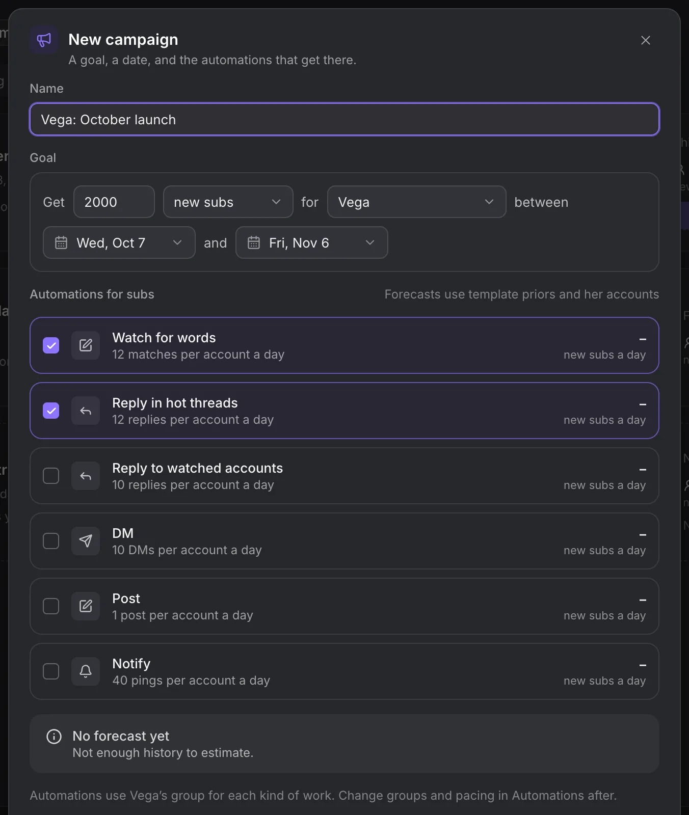 New campaign dialog with a target, Creator, date range and automation choices