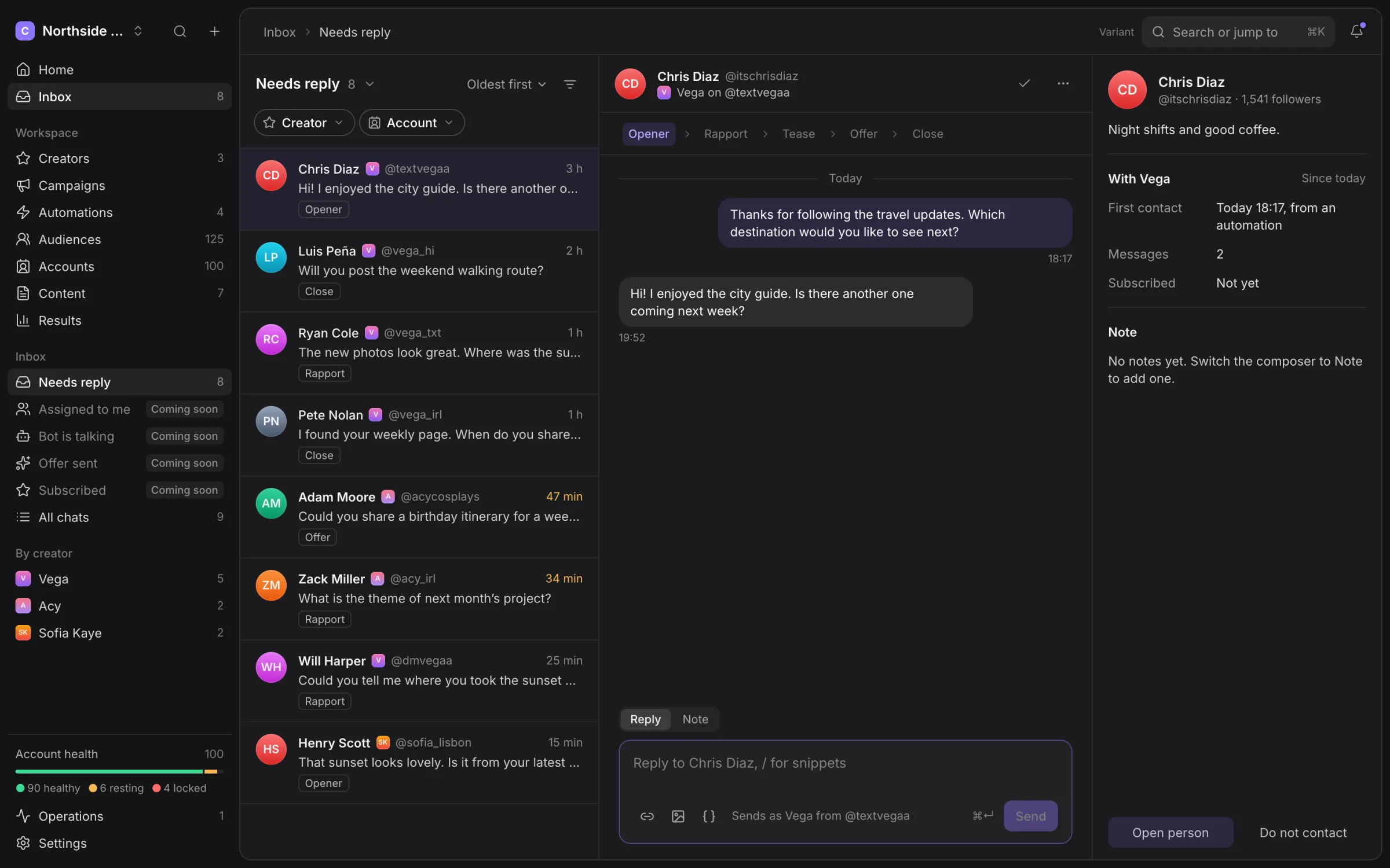 Inbox with the conversation list, selected X chat and fan context panel