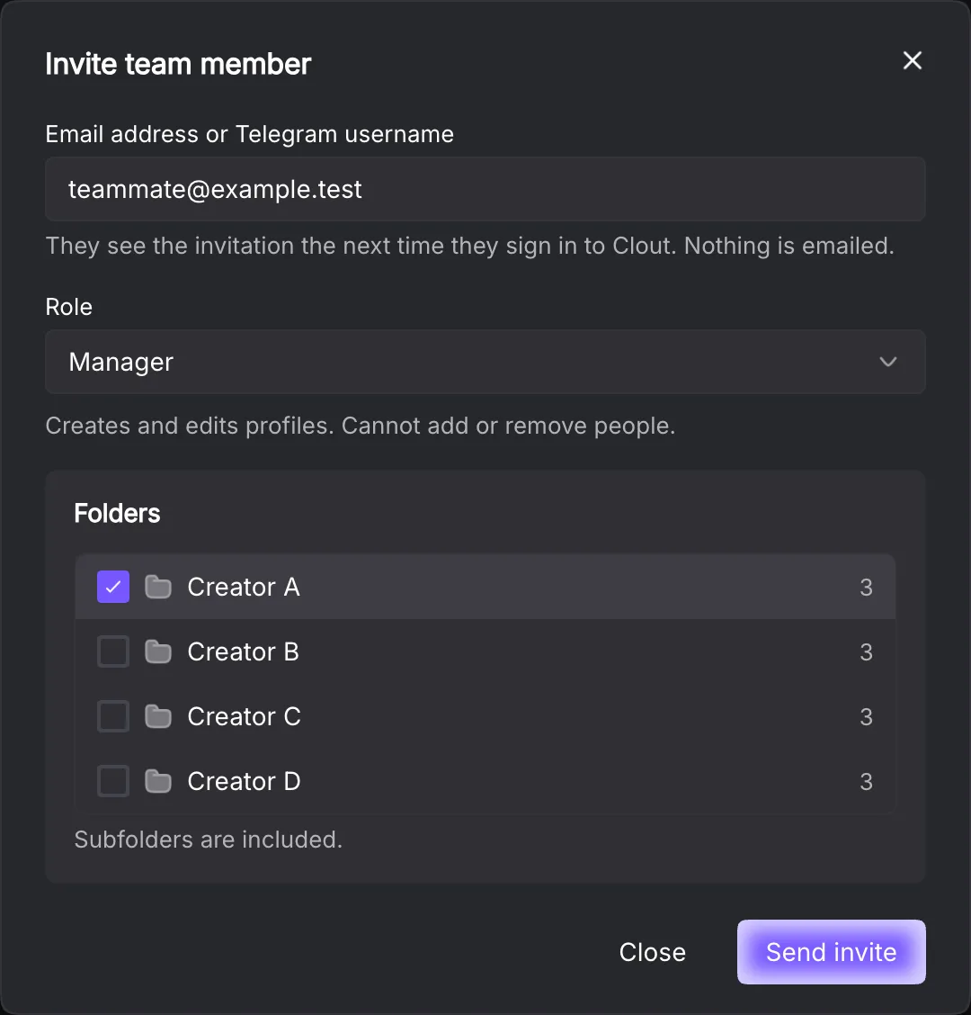 Invite dialog with identifier, role and folders