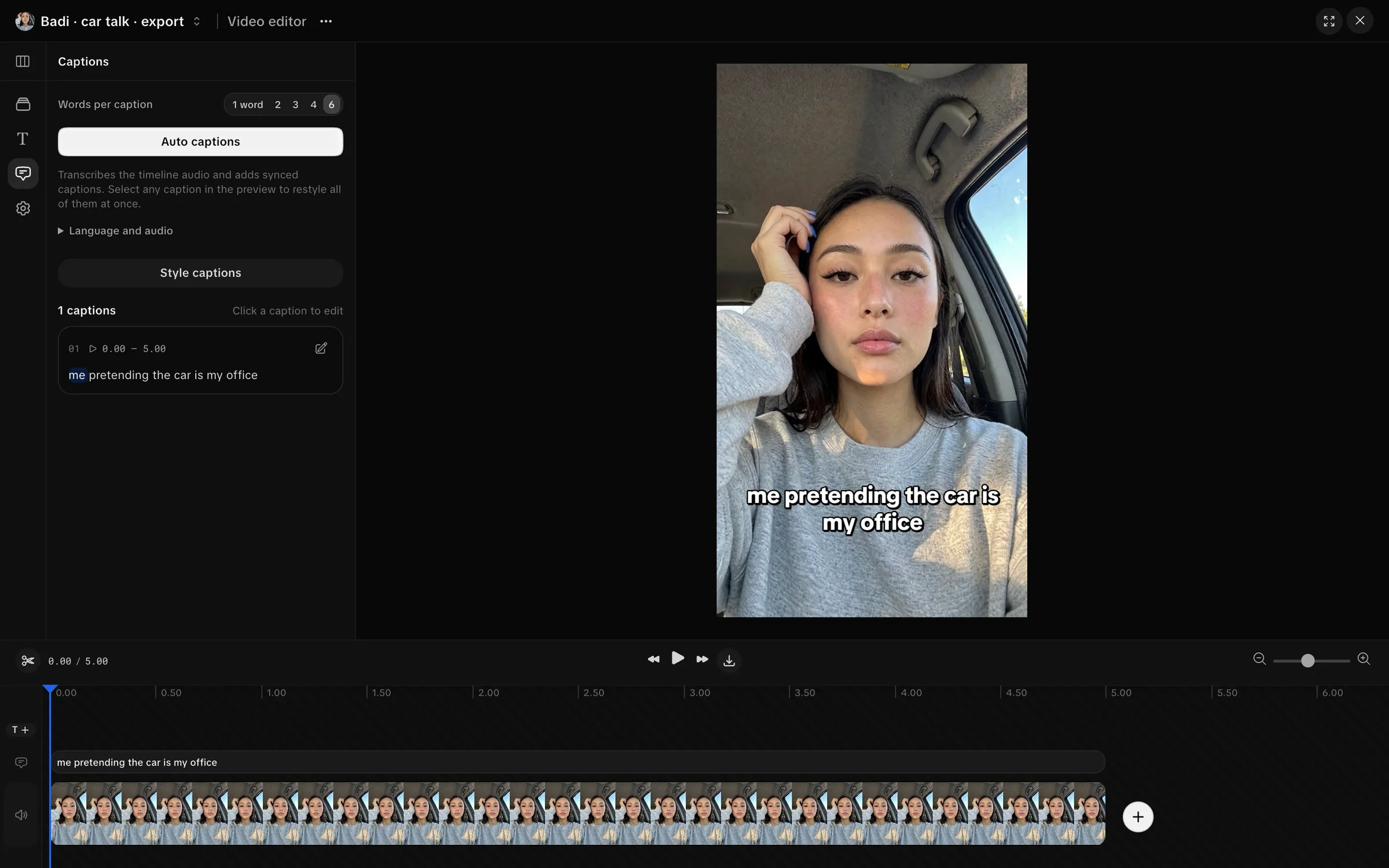 Video editor showing Auto captions, editable captions, preview and timeline