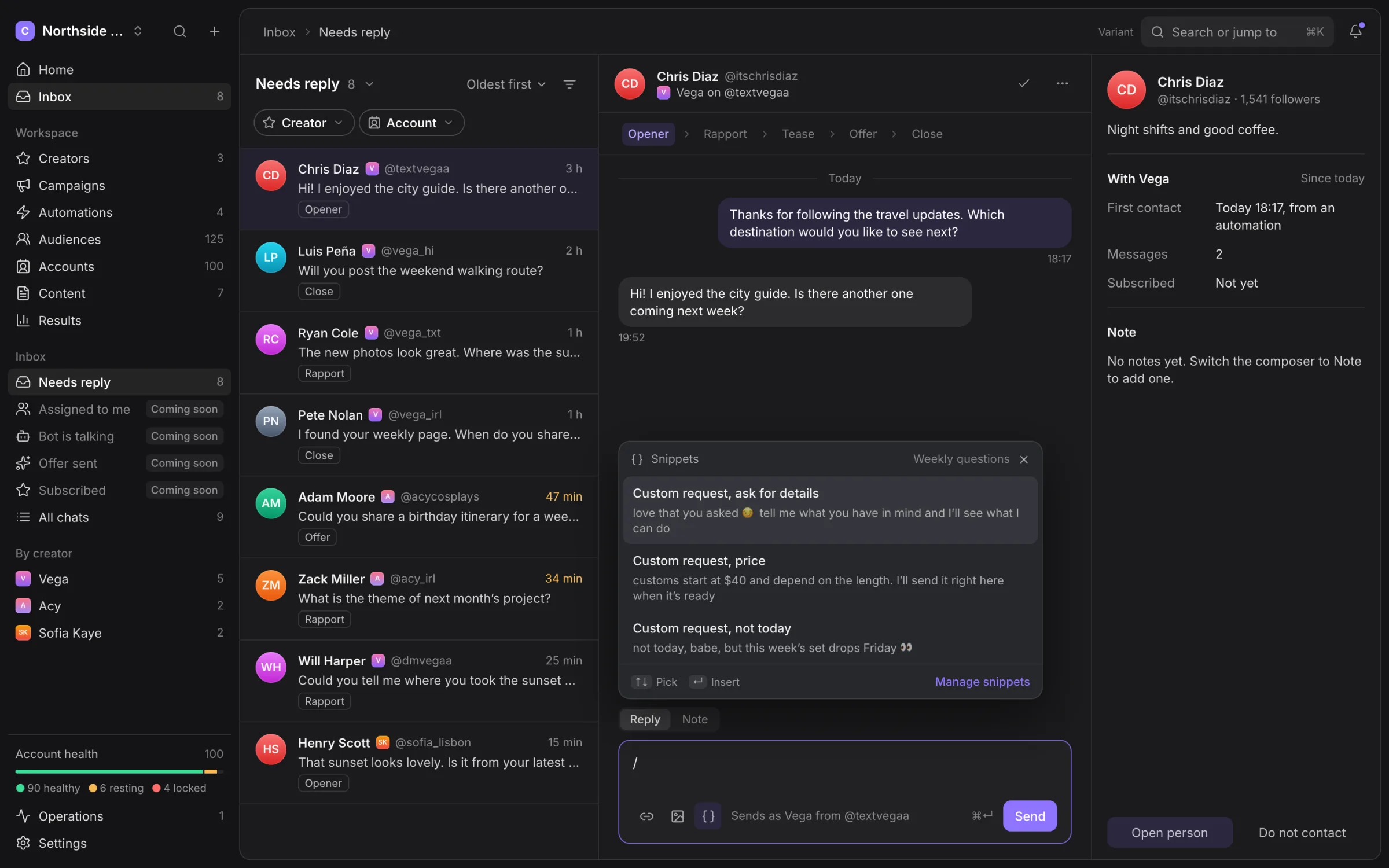 Snippet picker above the reply composer with reusable phrases
