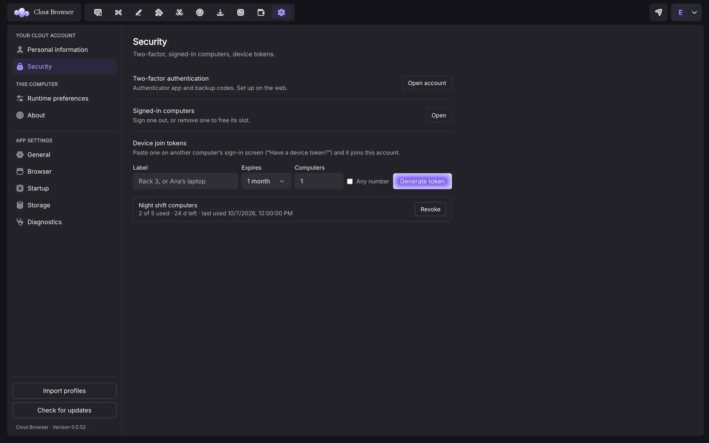 Security settings with device join token controls