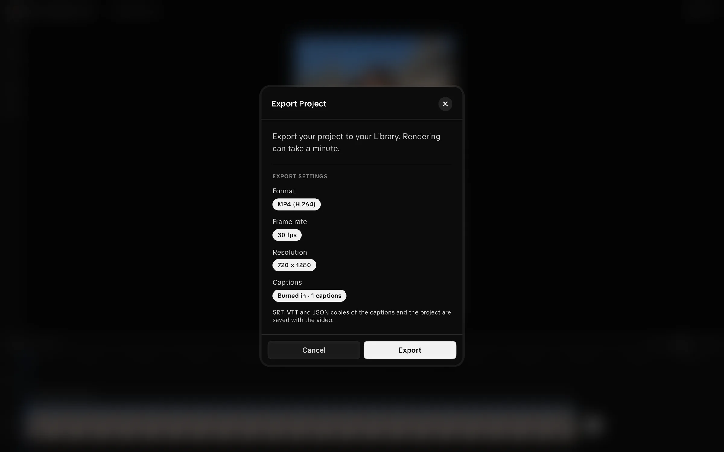 Export Project dialog showing MP4 format, frame rate, resolution and caption handling