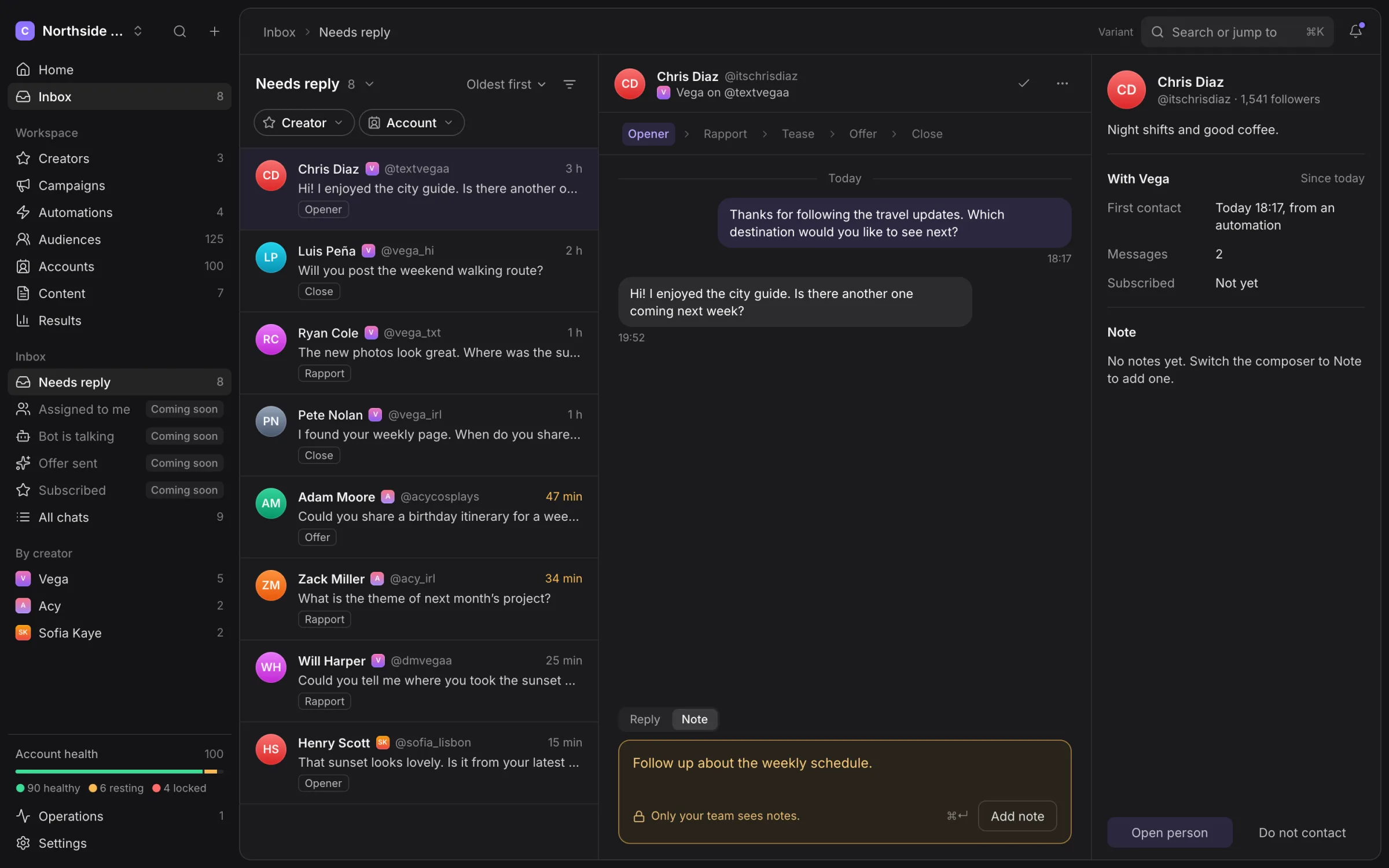 Amber Note composer with an internal follow-up note and Add note button