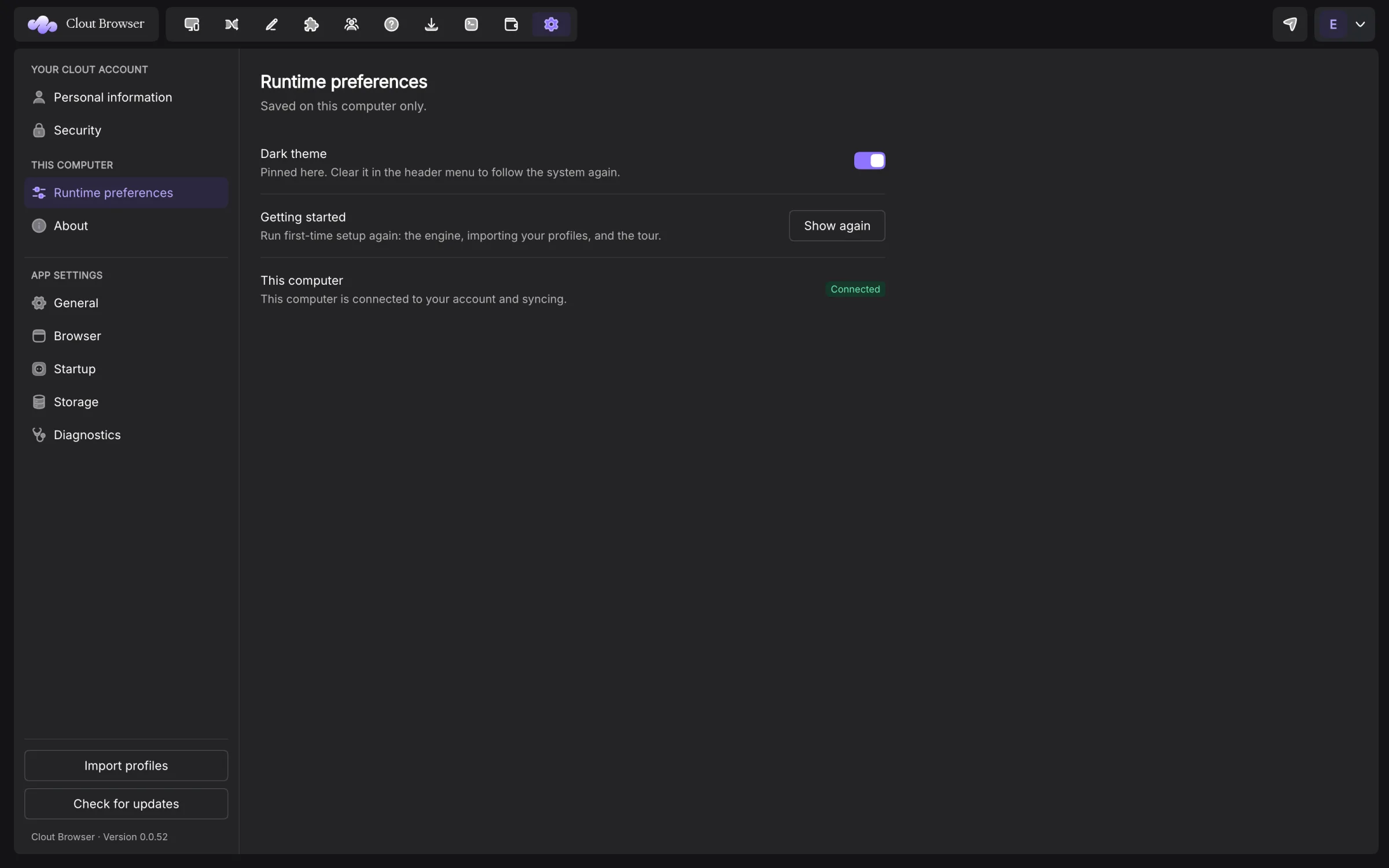 Runtime preferences and application-settings navigation
