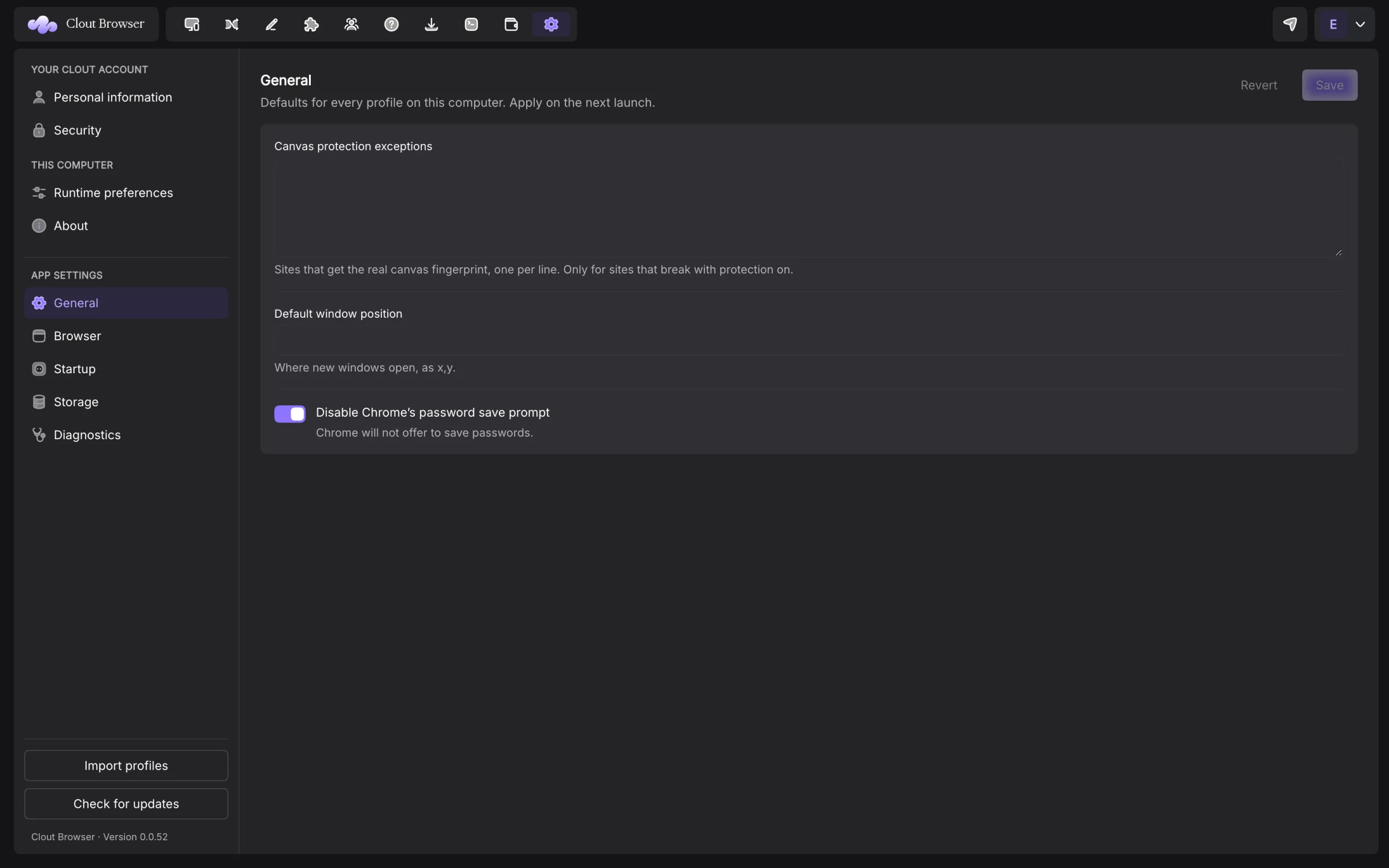 General settings with canvas exceptions and password controls
