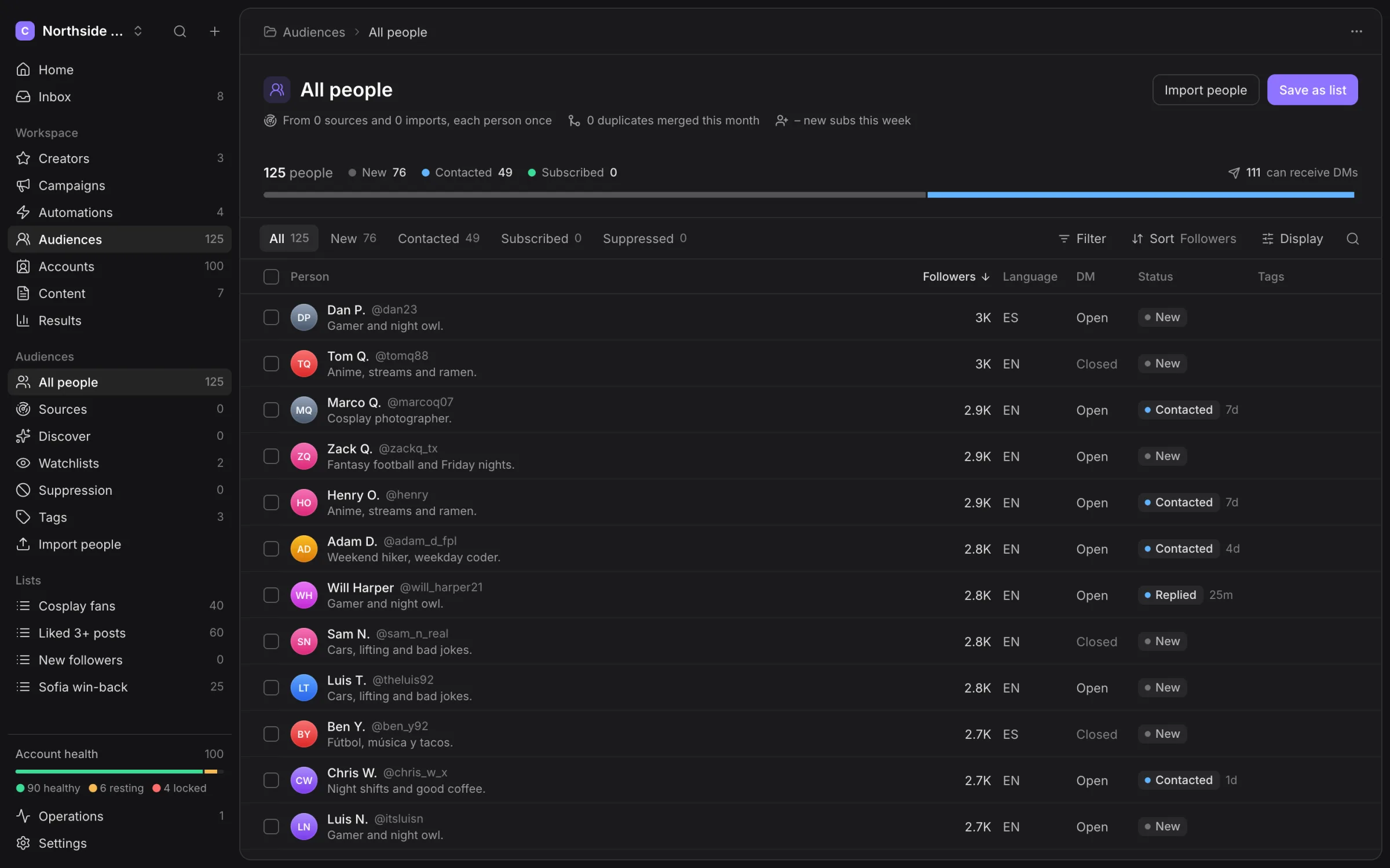All people table with follower, language, DM and contact-state columns