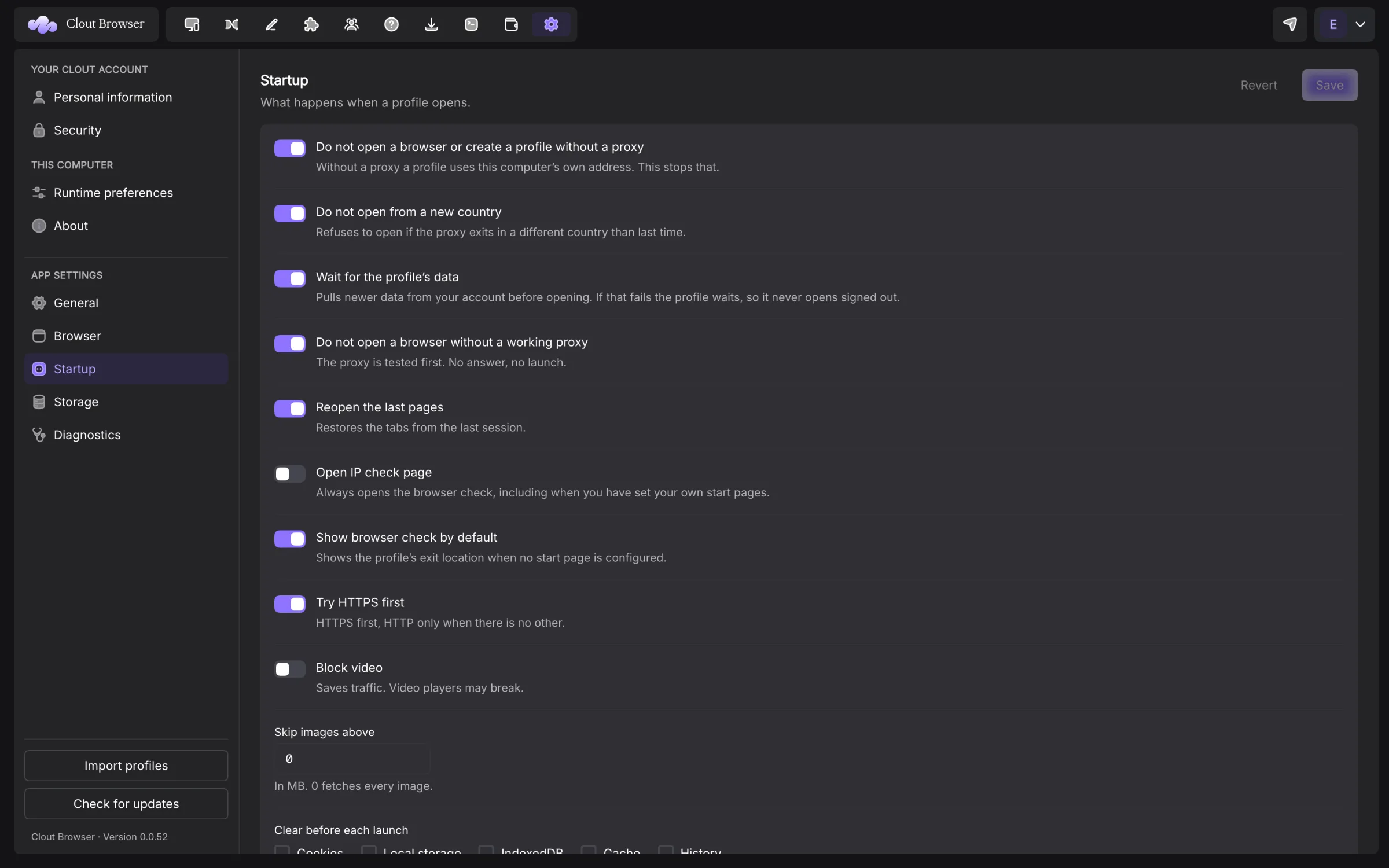 Startup settings with proxy and browser-data checks