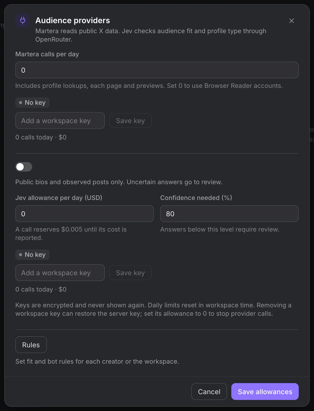 Audience providers dialog with public-read allowance and Jev budget controls