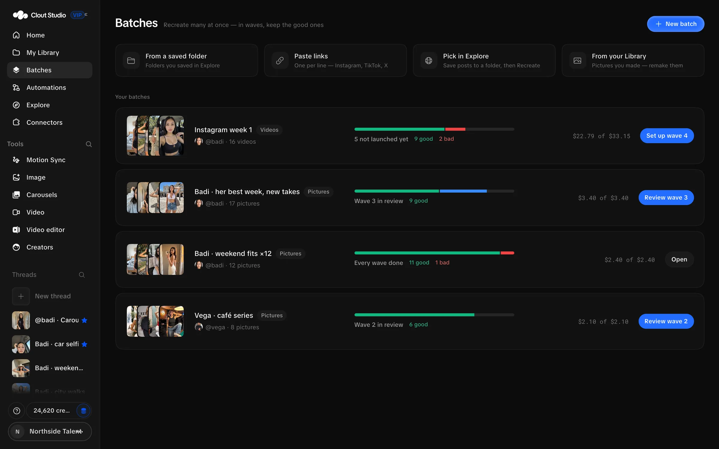 Batches page with source entry points and batch progress