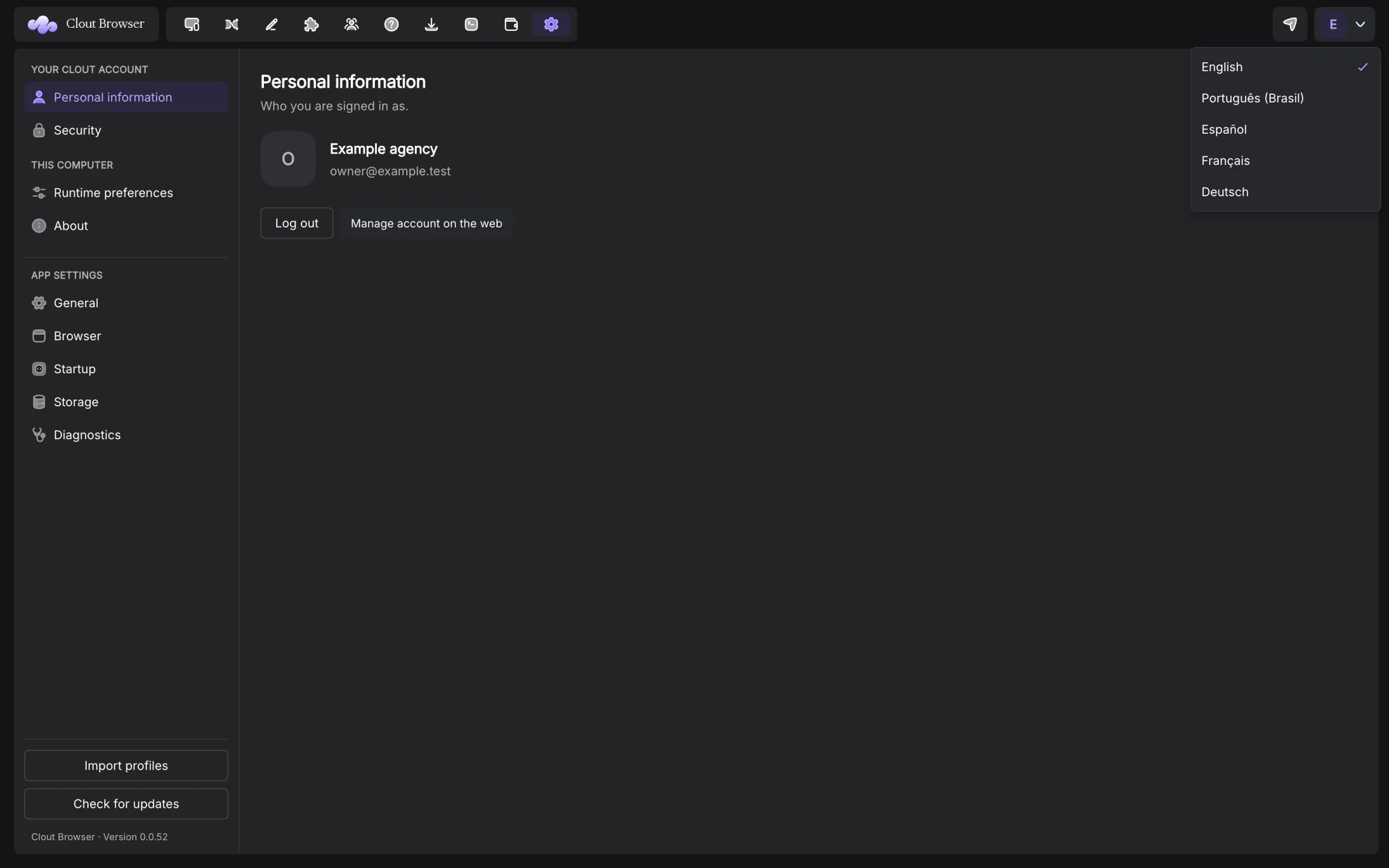 Language menu with five supported languages