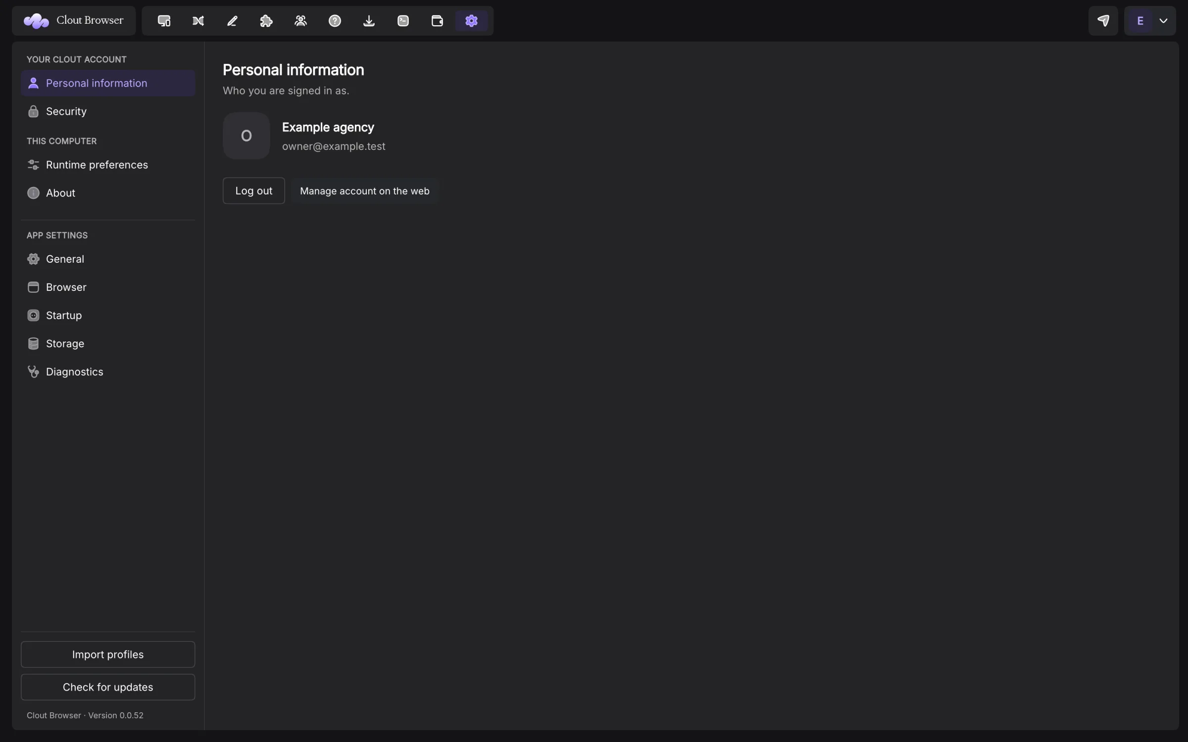Personal information showing a synthetic workspace owner