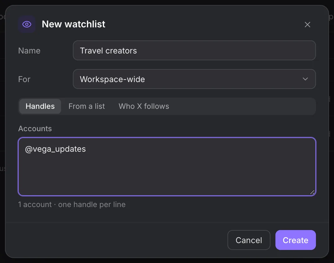 New watchlist dialog with Handles, From a list and Who X follows choices
