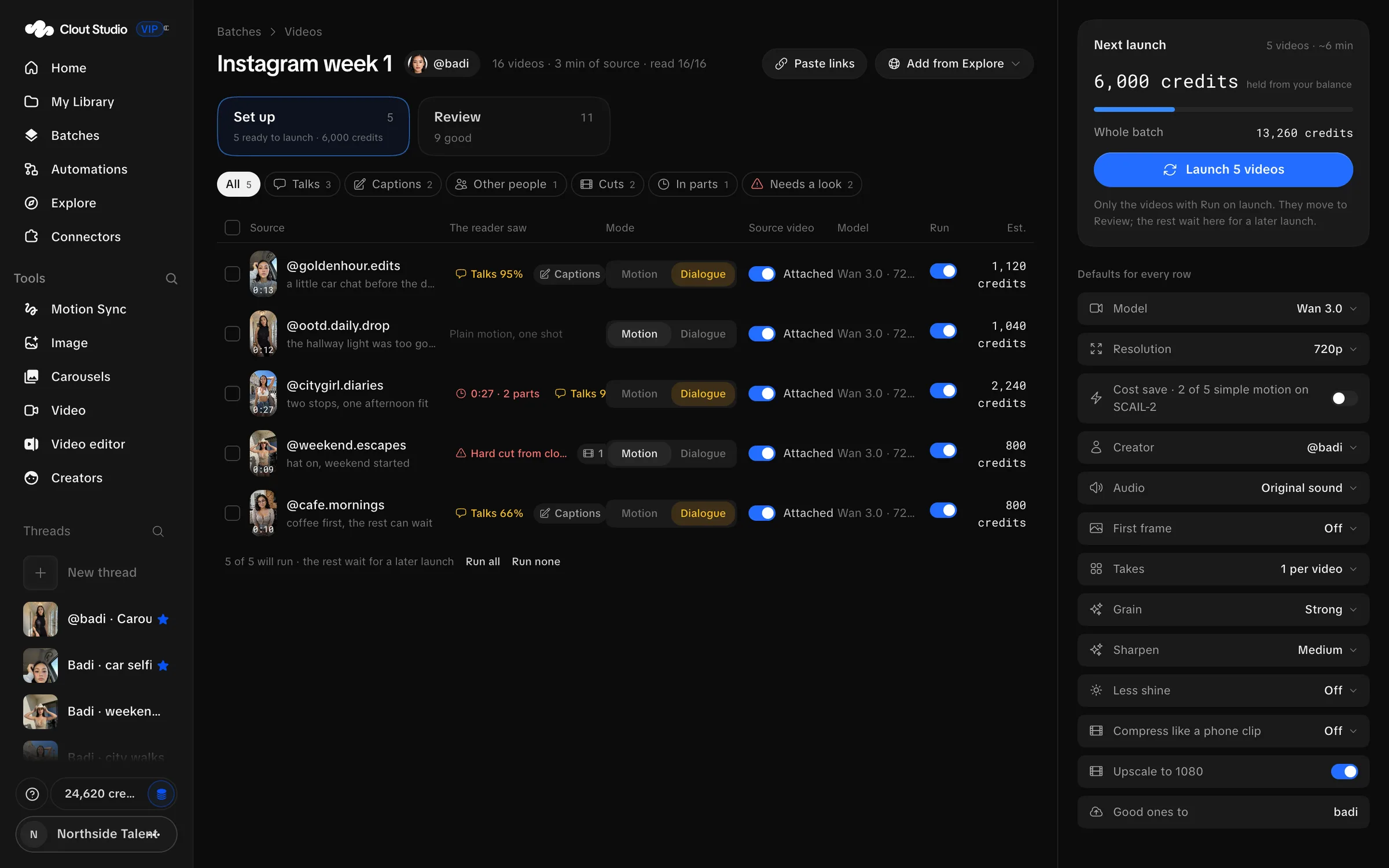 Video batch setup table with ready rows and a next-launch summary