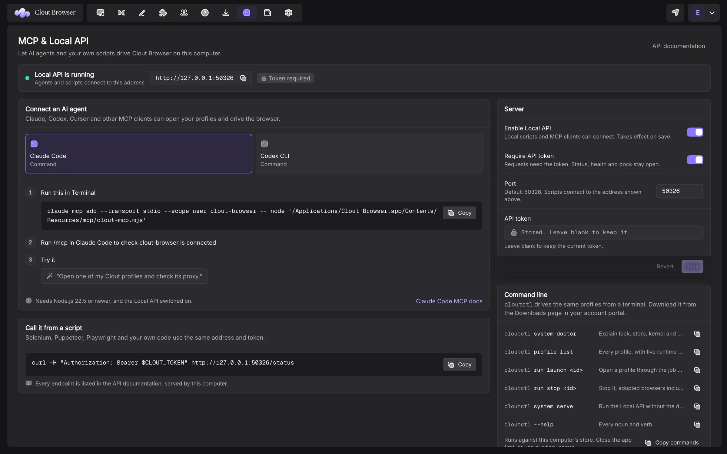 Running API address and token status