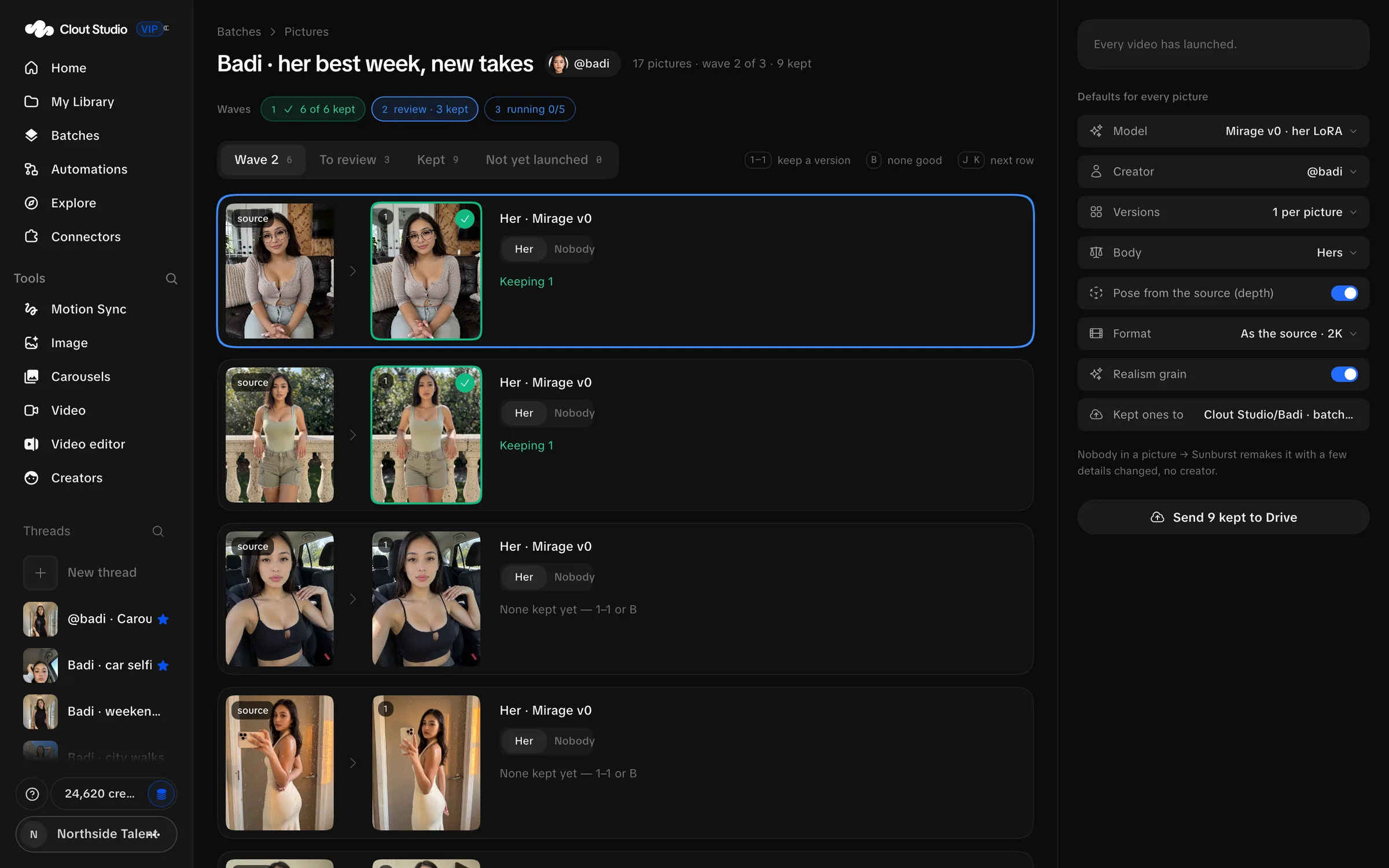 Picture batch with source images, output versions and keep decisions