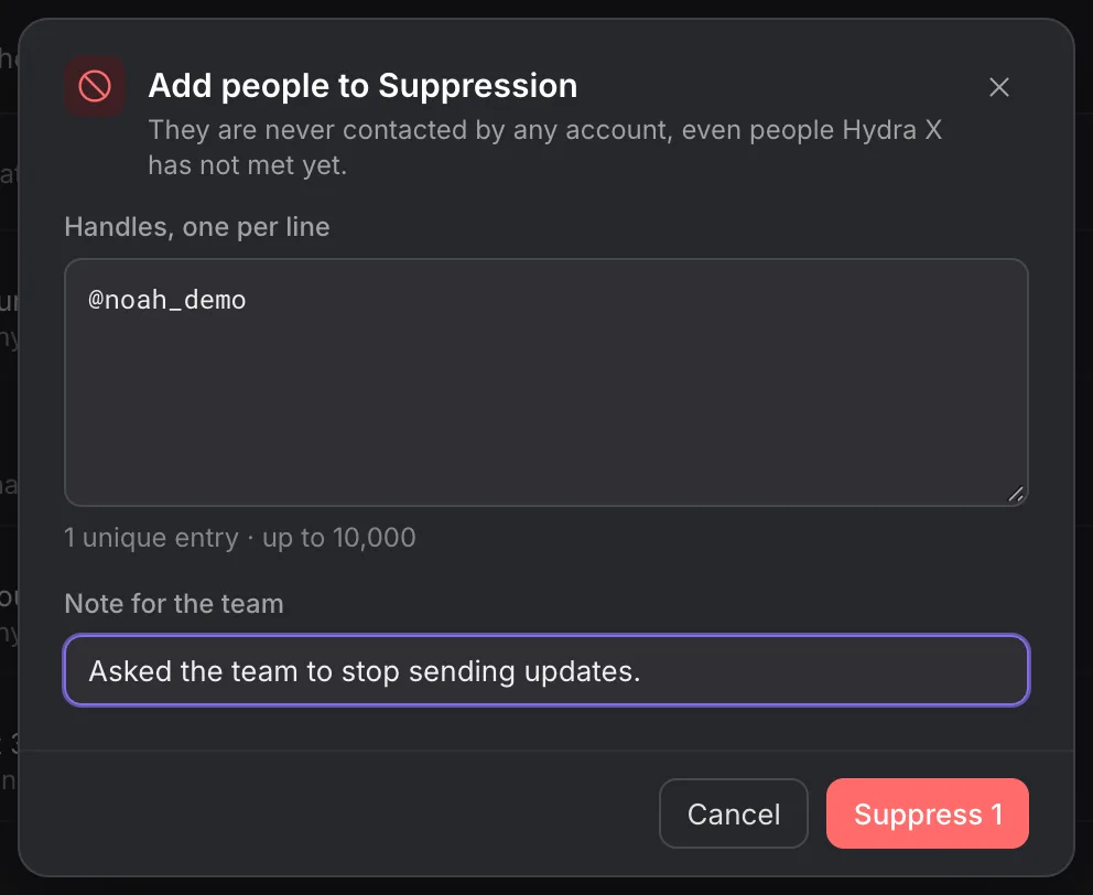 Add people to Suppression dialog with a synthetic opted-out handle