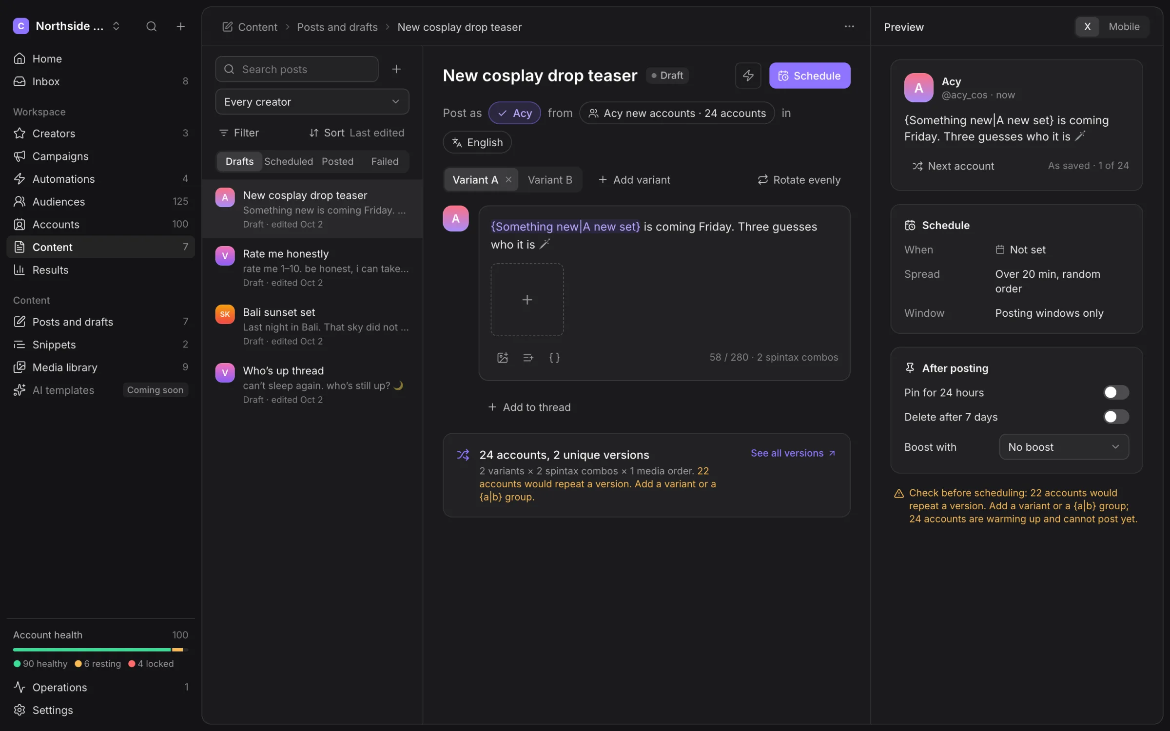 Post editor with variants, account preview and scheduling options