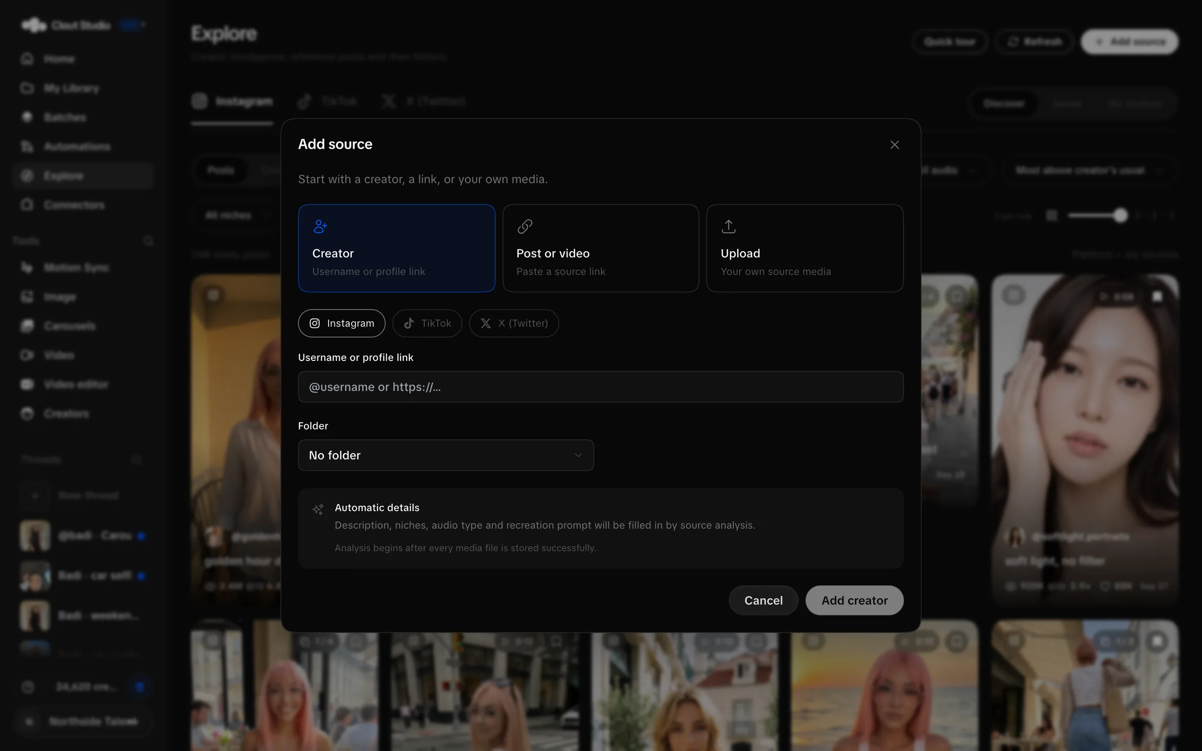 Add source dialog with Creator, post link and upload choices
