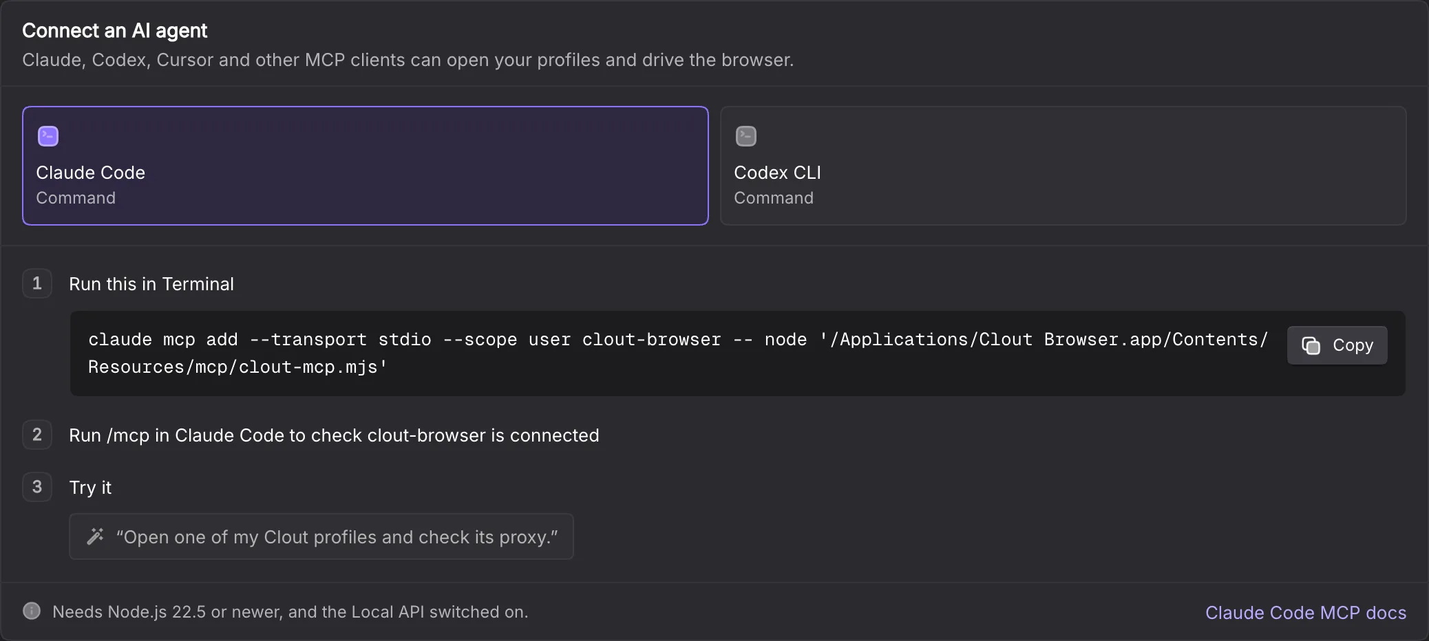 Connect an AI agent card with generated setup command