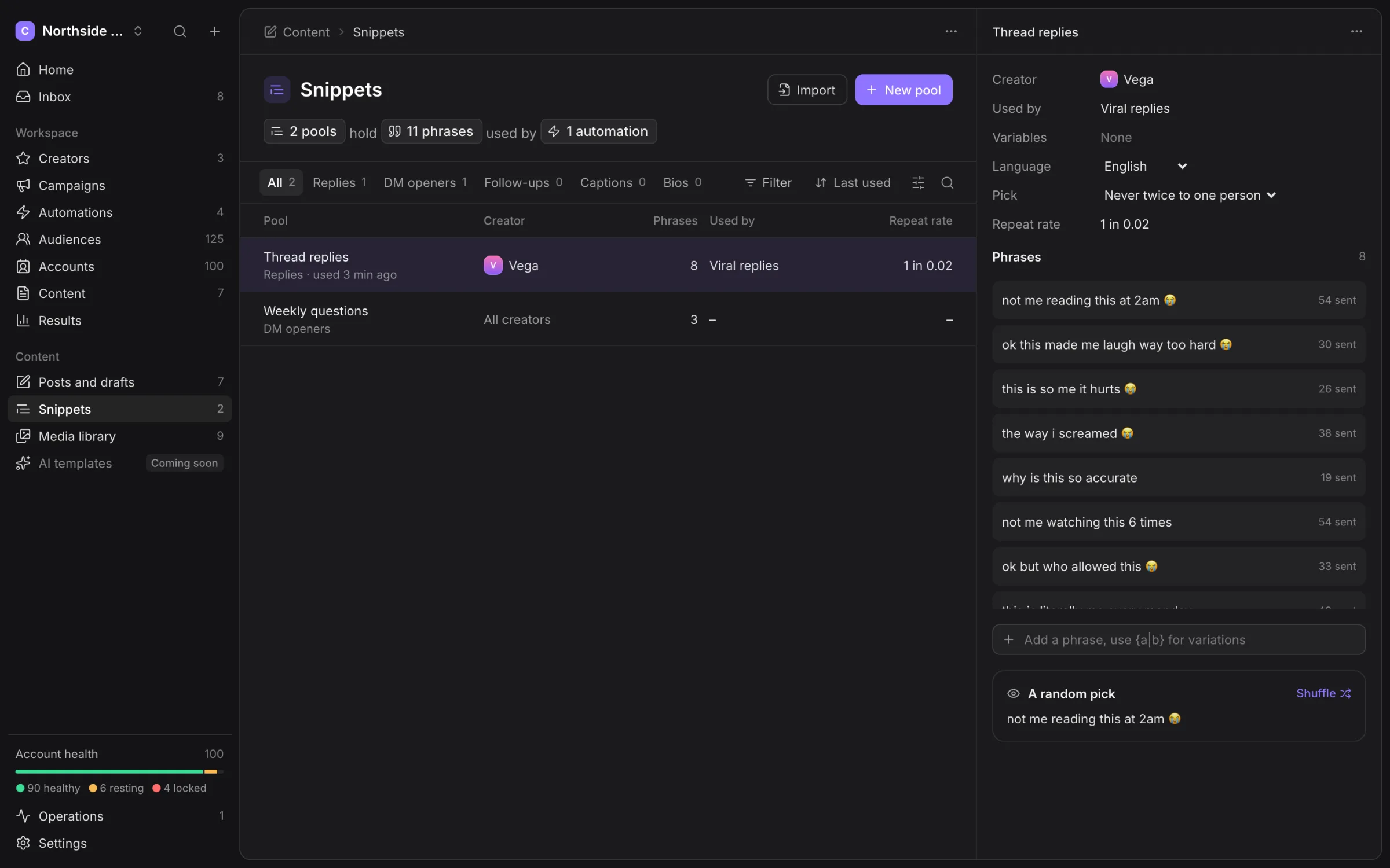 Snippet pools with usage counts, phrase history and an editable pool panel