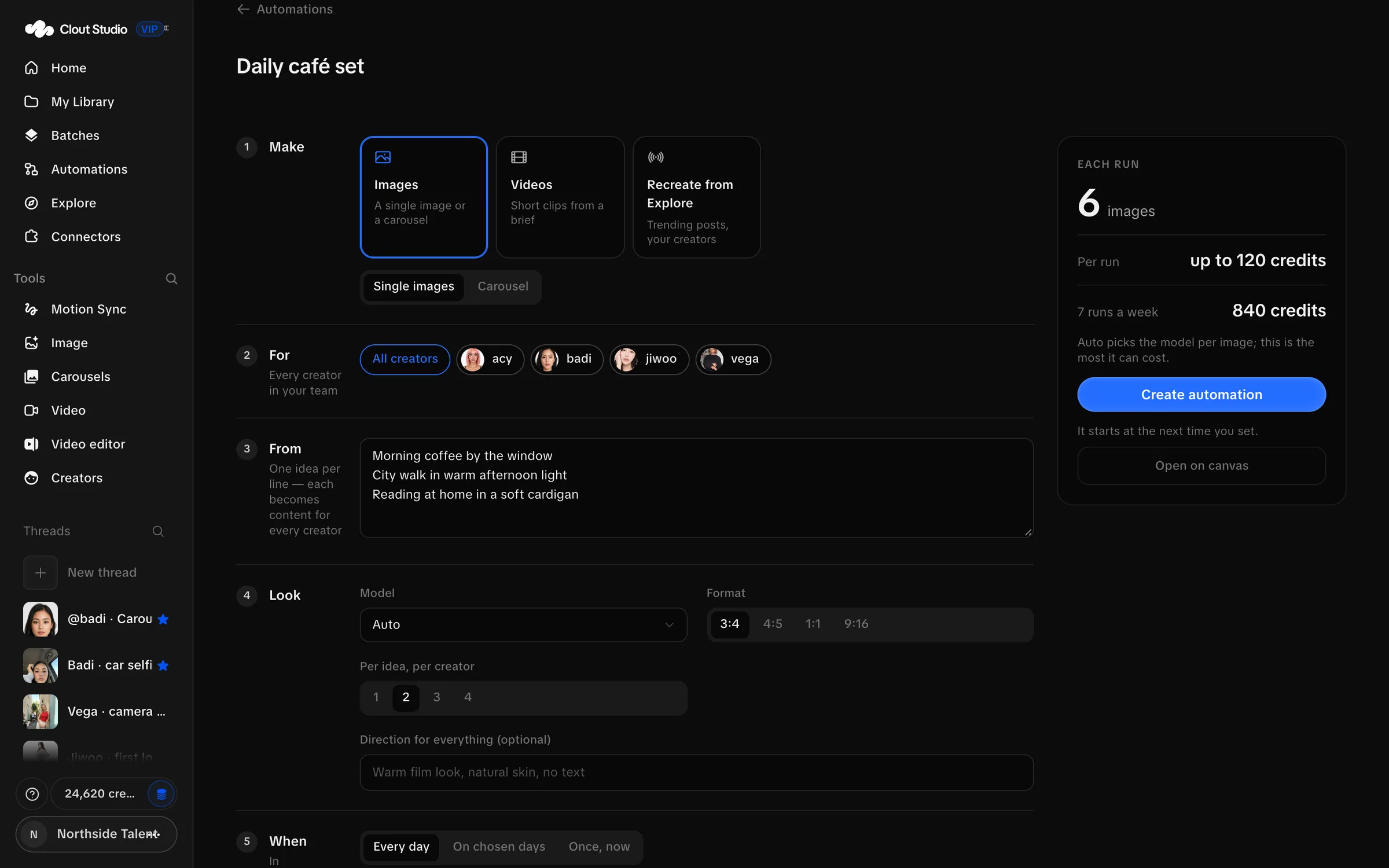 New automation builder with content type, Creator and idea controls