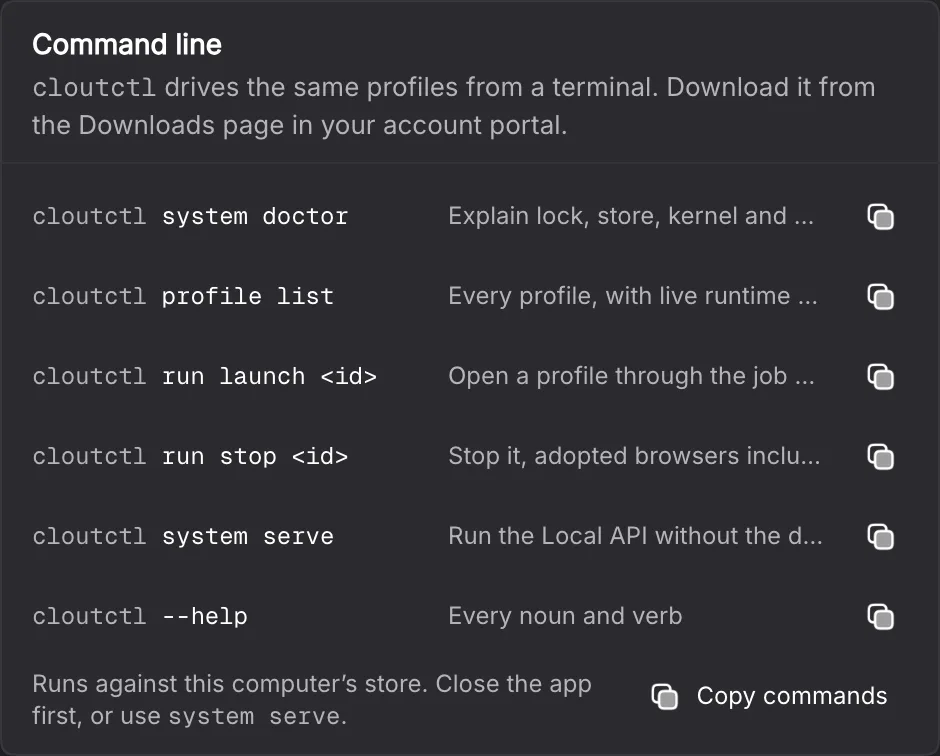 Command line card listing cloutctl commands