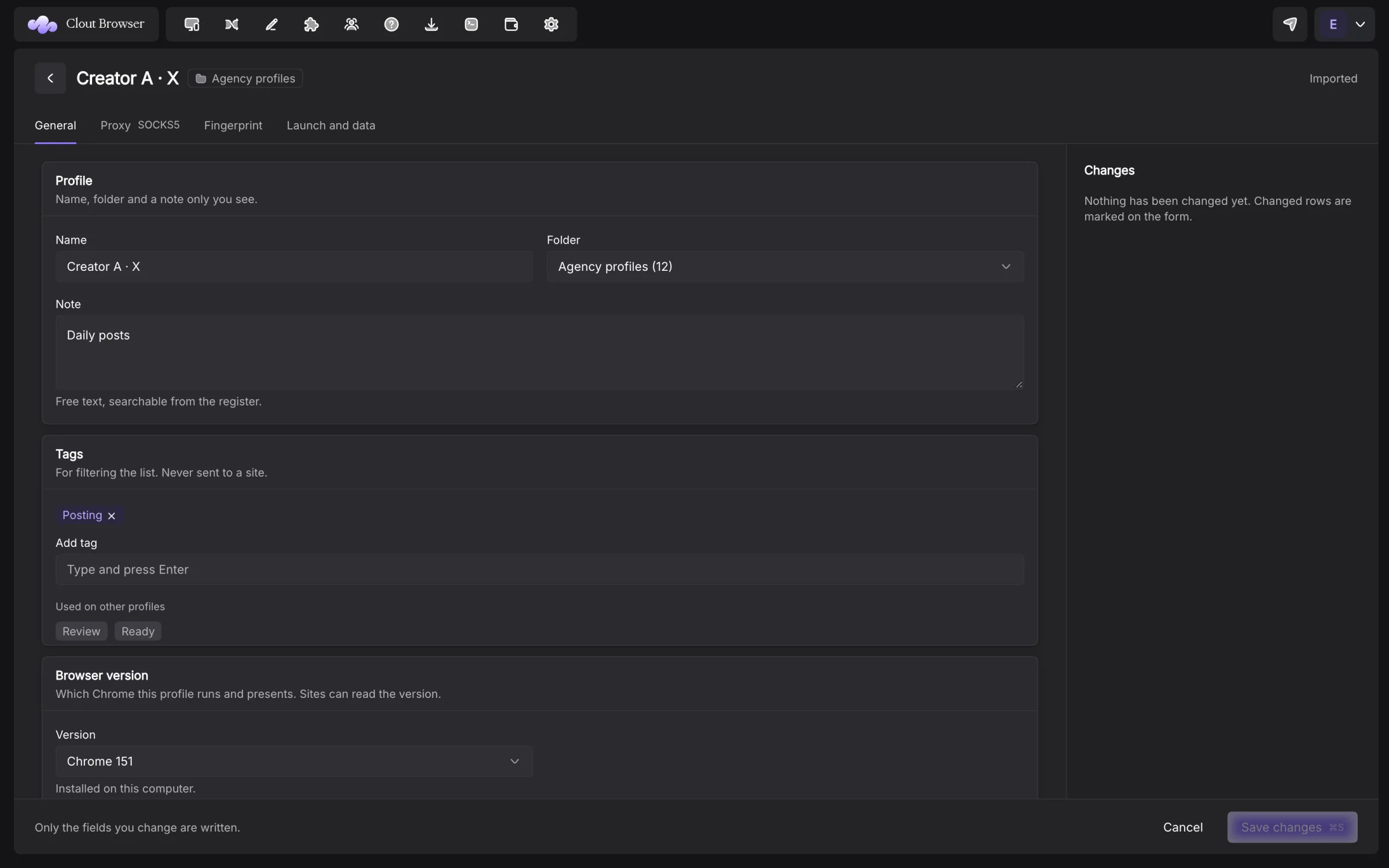 Profile editor showing stored labels and browser version