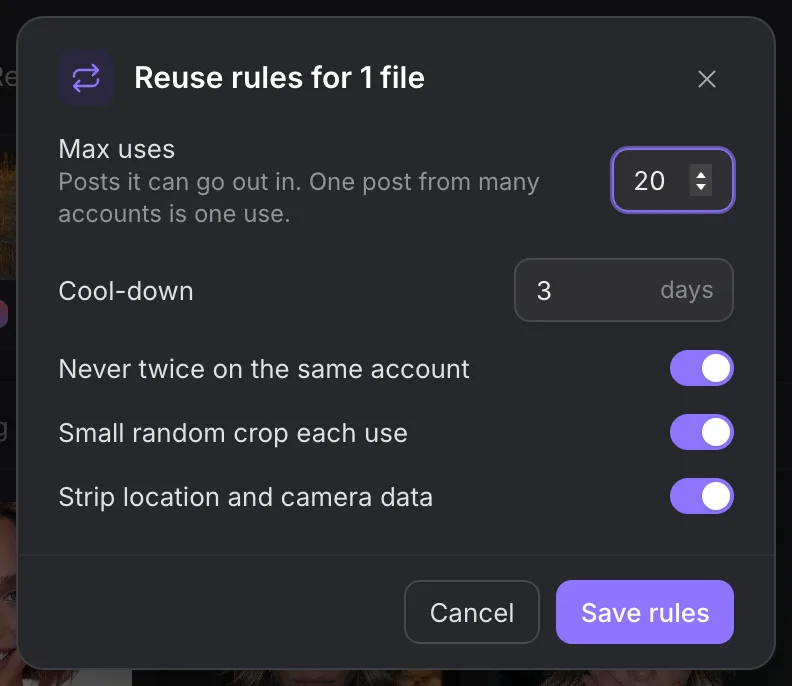 Reuse rules dialog with use count, cool-down, account-repeat and metadata controls