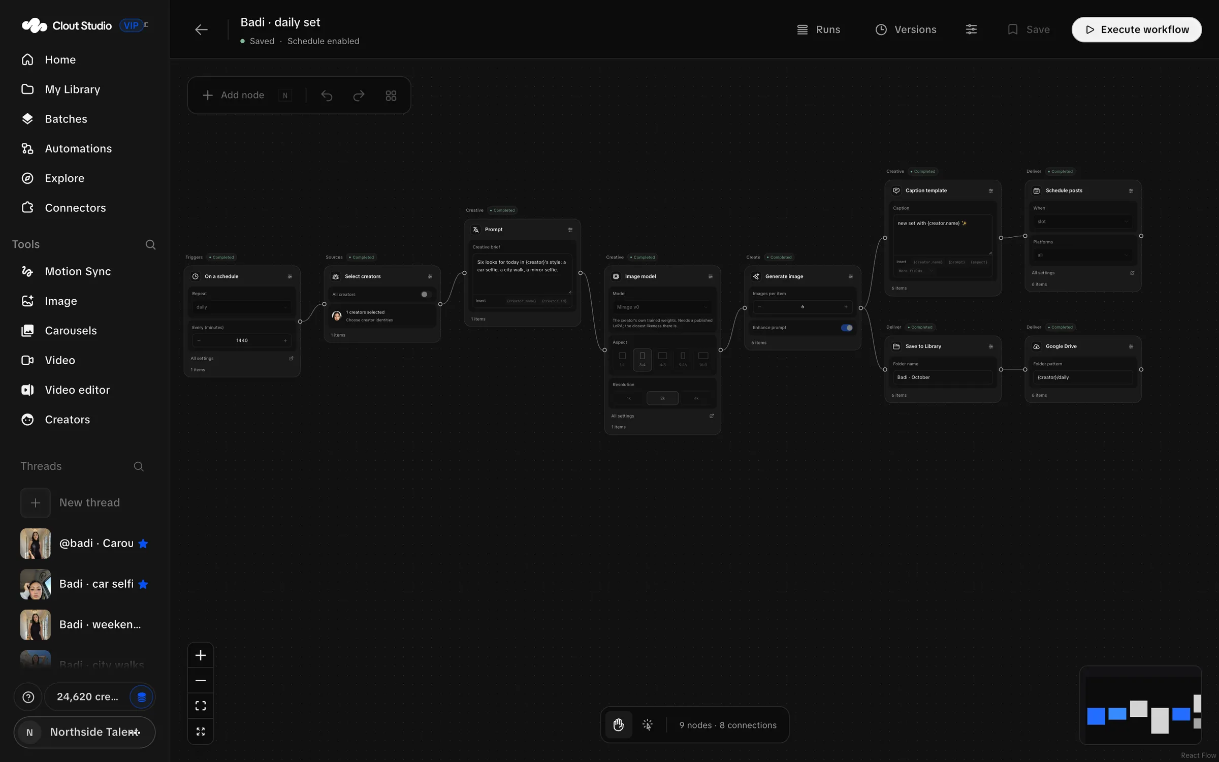 Workflow canvas with a complete connected production and delivery graph