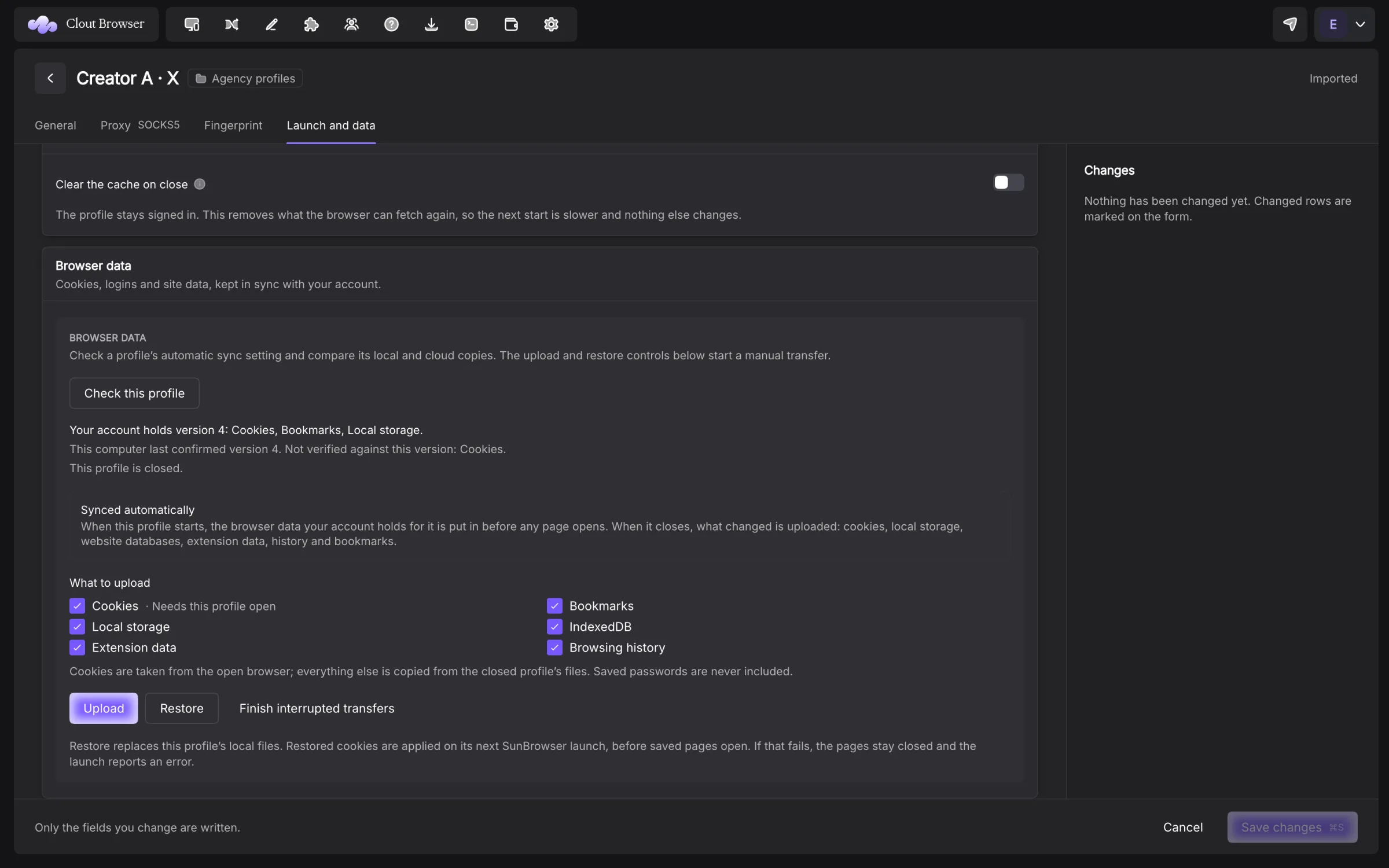 Complete profile editor showing Browser data status and supported kinds