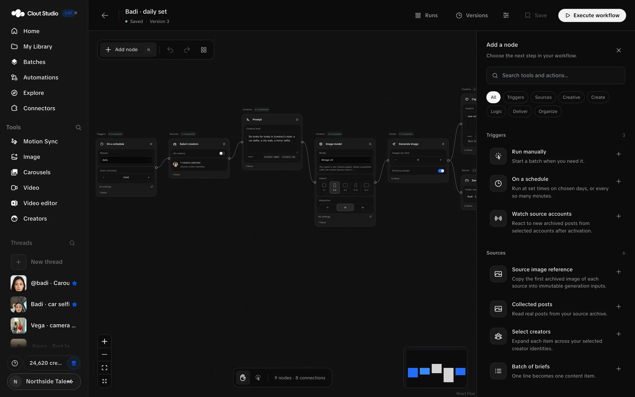 Node catalog opened beside the workflow canvas