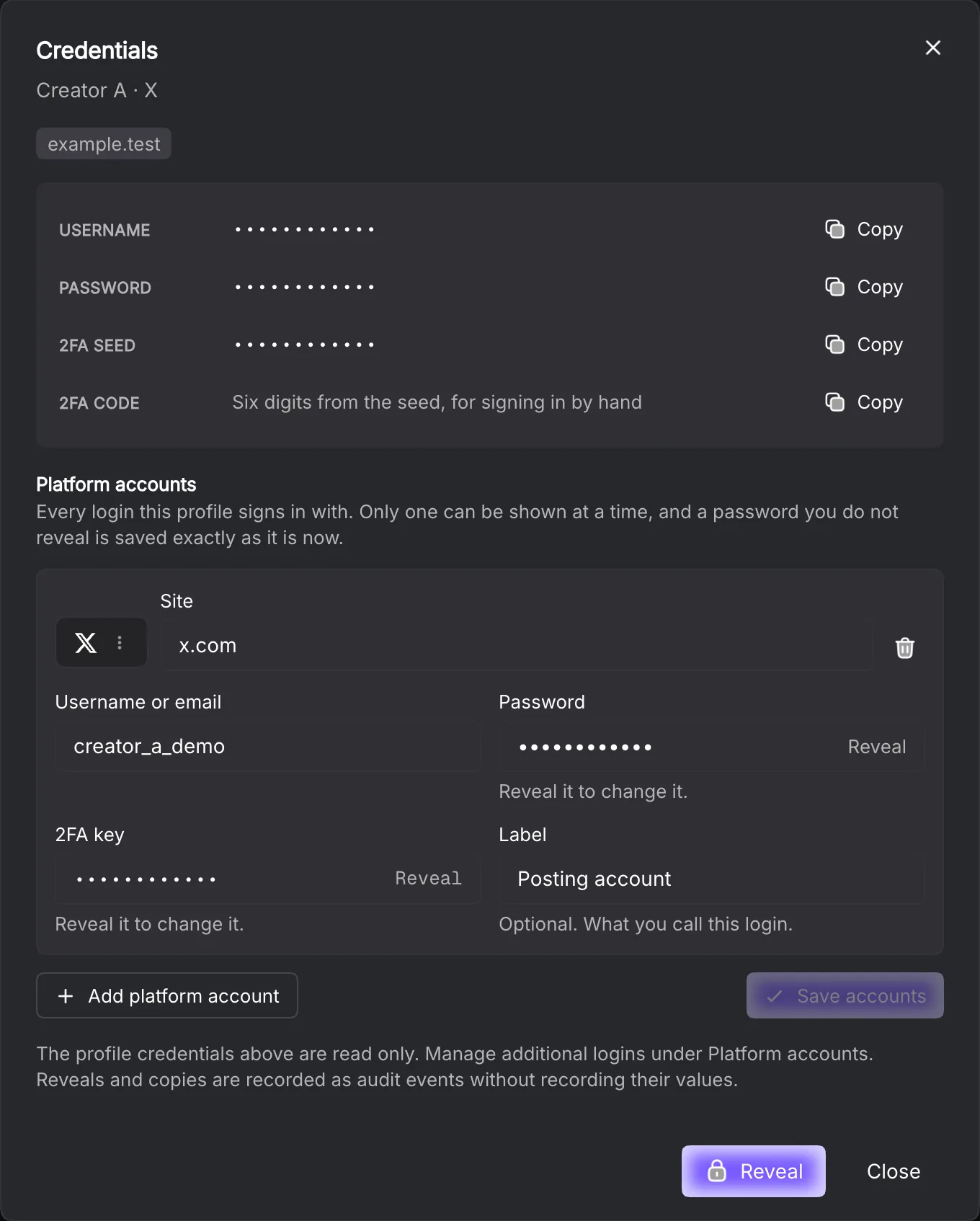 Complete credentials dialog with masked imported fields and a platform account