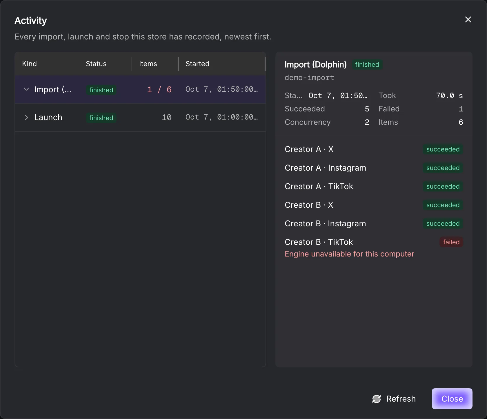 Complete Activity dialog with a synthetic import run and per-profile outcomes