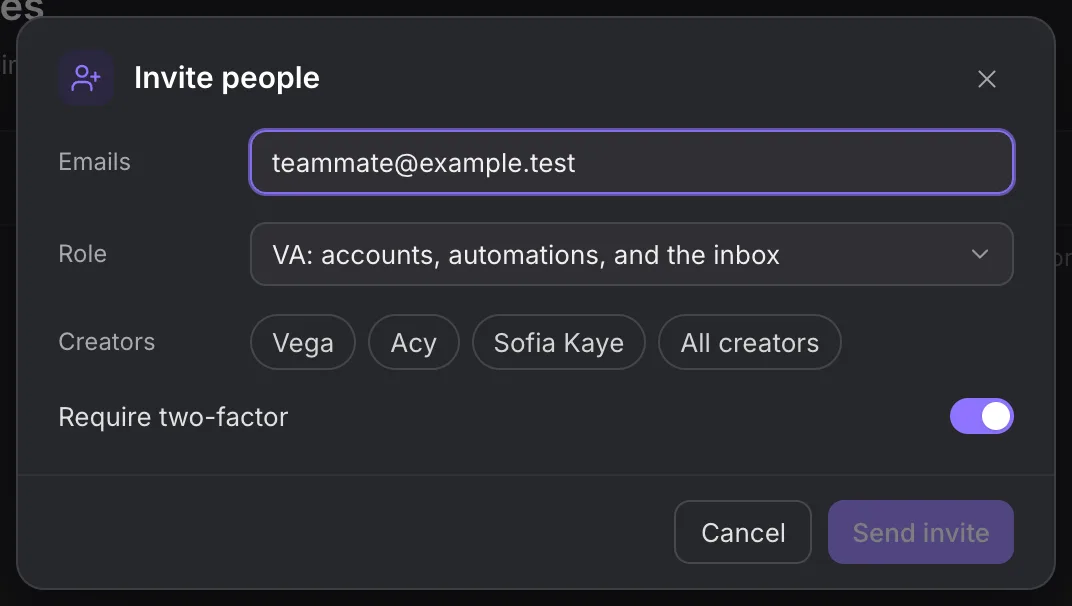 Invite people dialog with a synthetic email, role, Creator scope and two-factor requirement