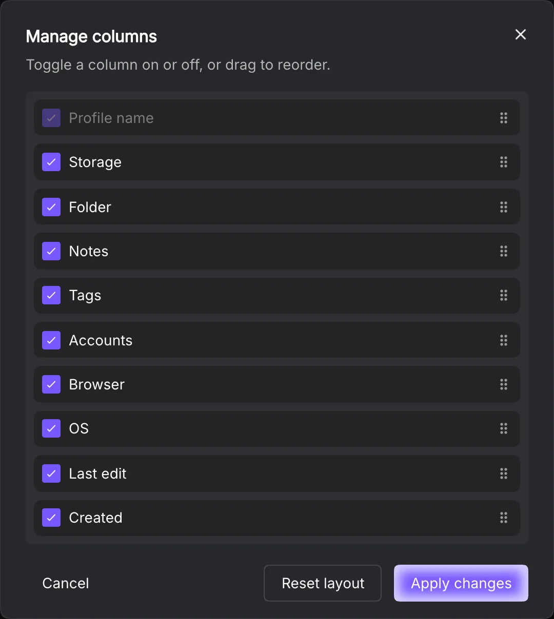 Complete Manage columns dialog with enabled columns and ordering controls