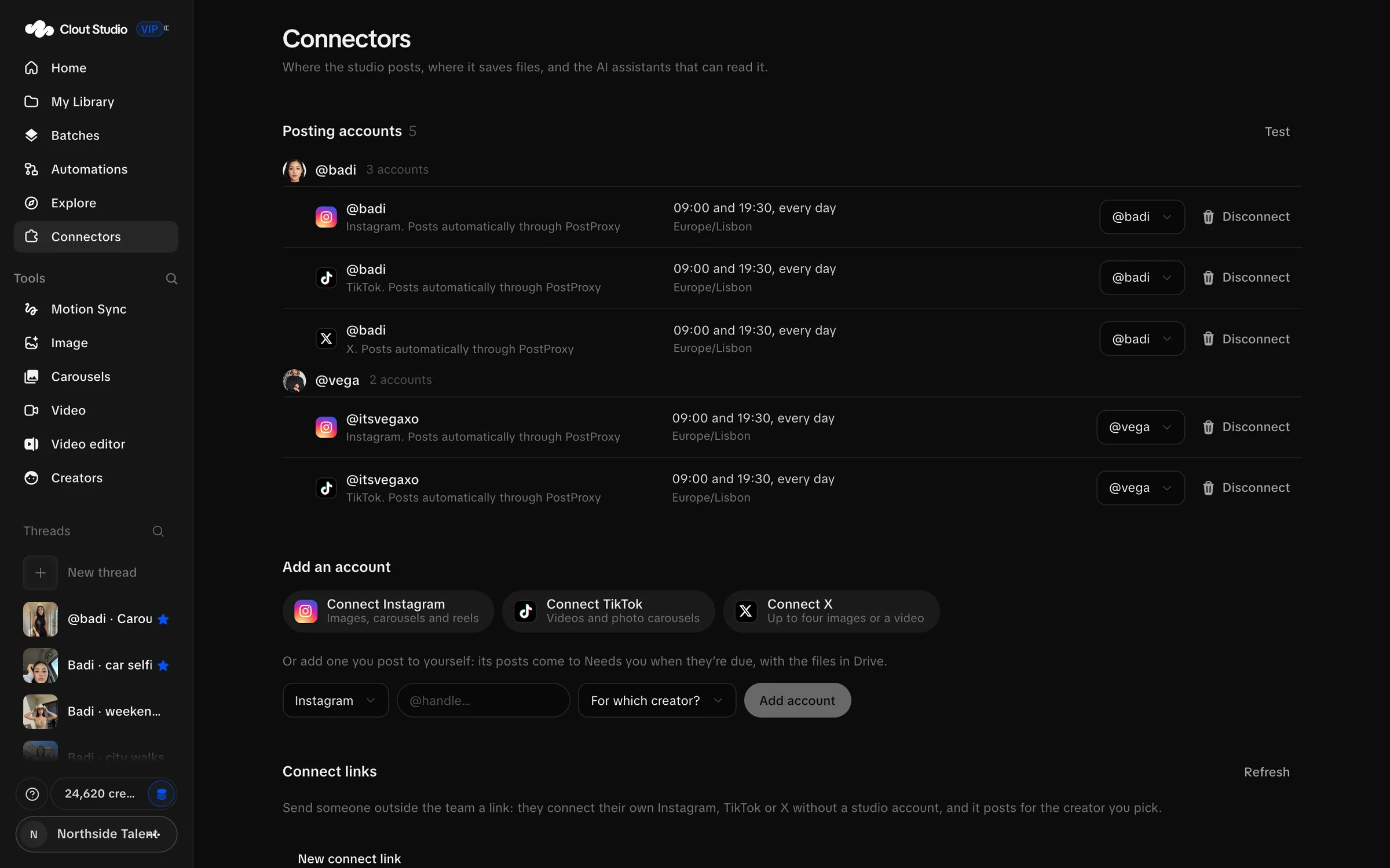 Posting accounts grouped by Creator with connection and schedule controls