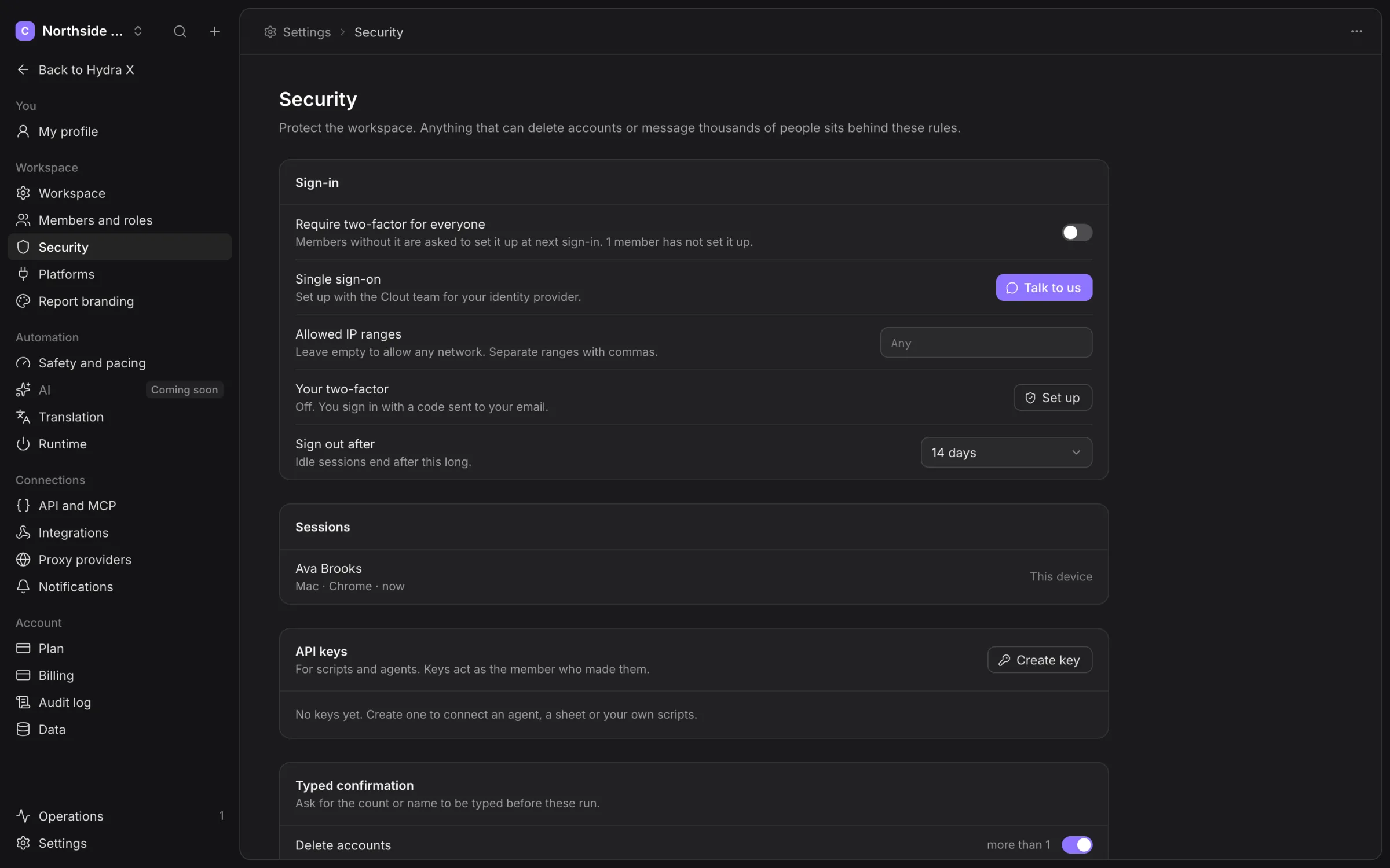 Security settings showing two-factor, network access, idle sign-out and sessions
