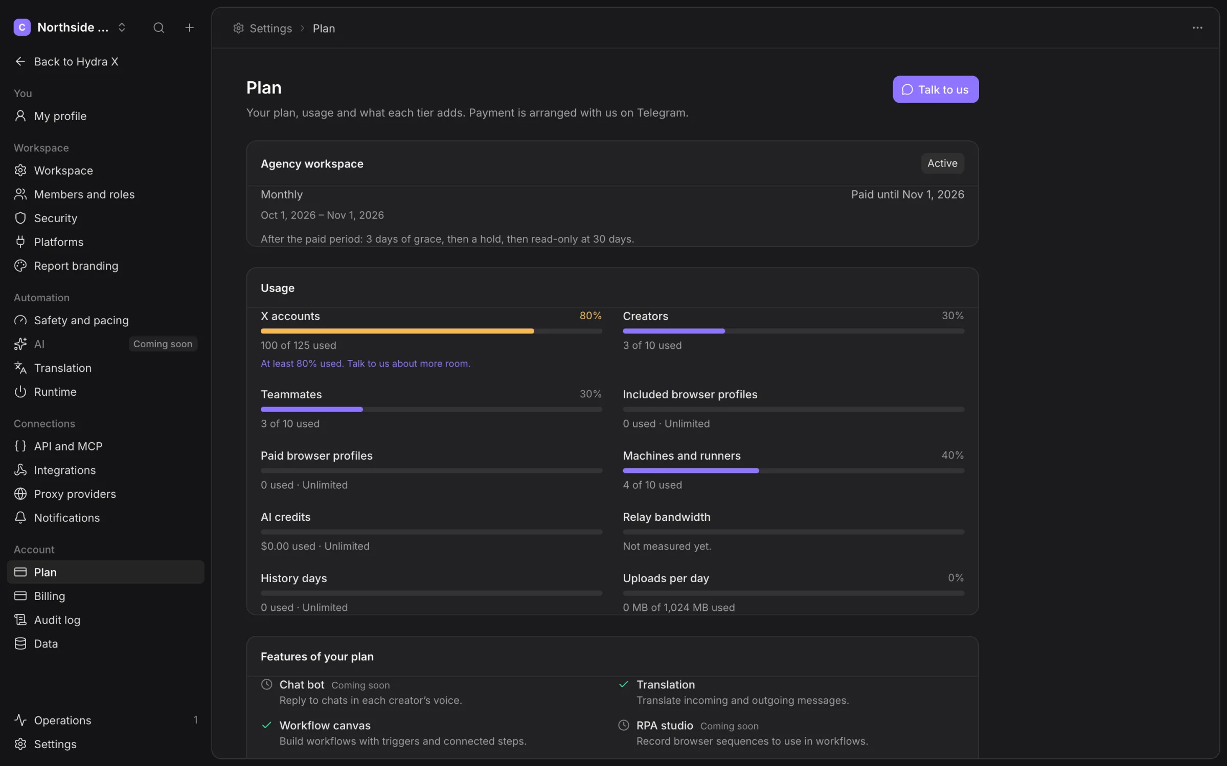 Plan usage meters showing synthetic account, Creator, teammate and machine usage