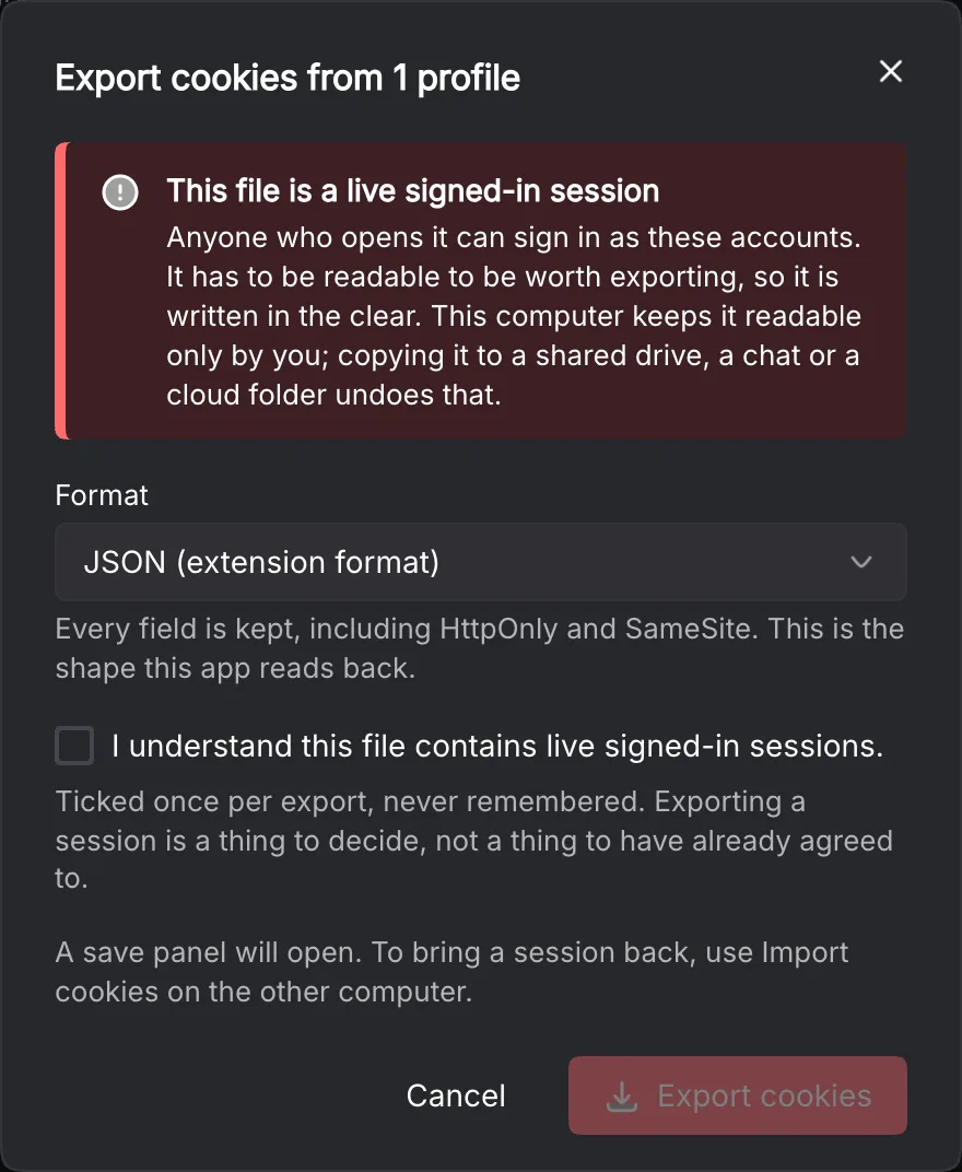 Complete cookie-export dialog with format and session-file acknowledgement