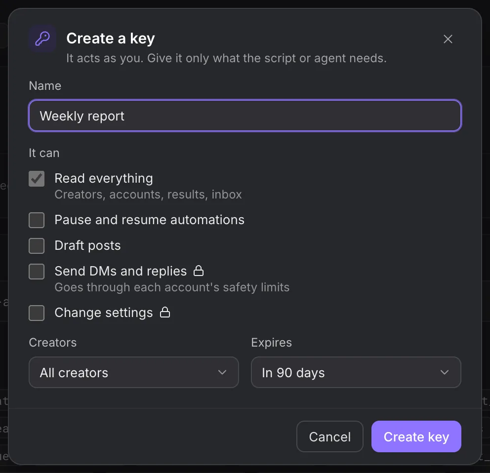Create a key dialog with read, pause, draft, send and settings access choices