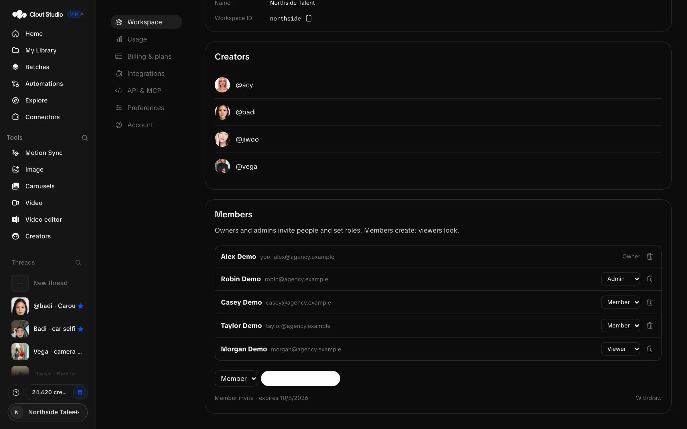 Workspace members and invitation controls with synthetic identities