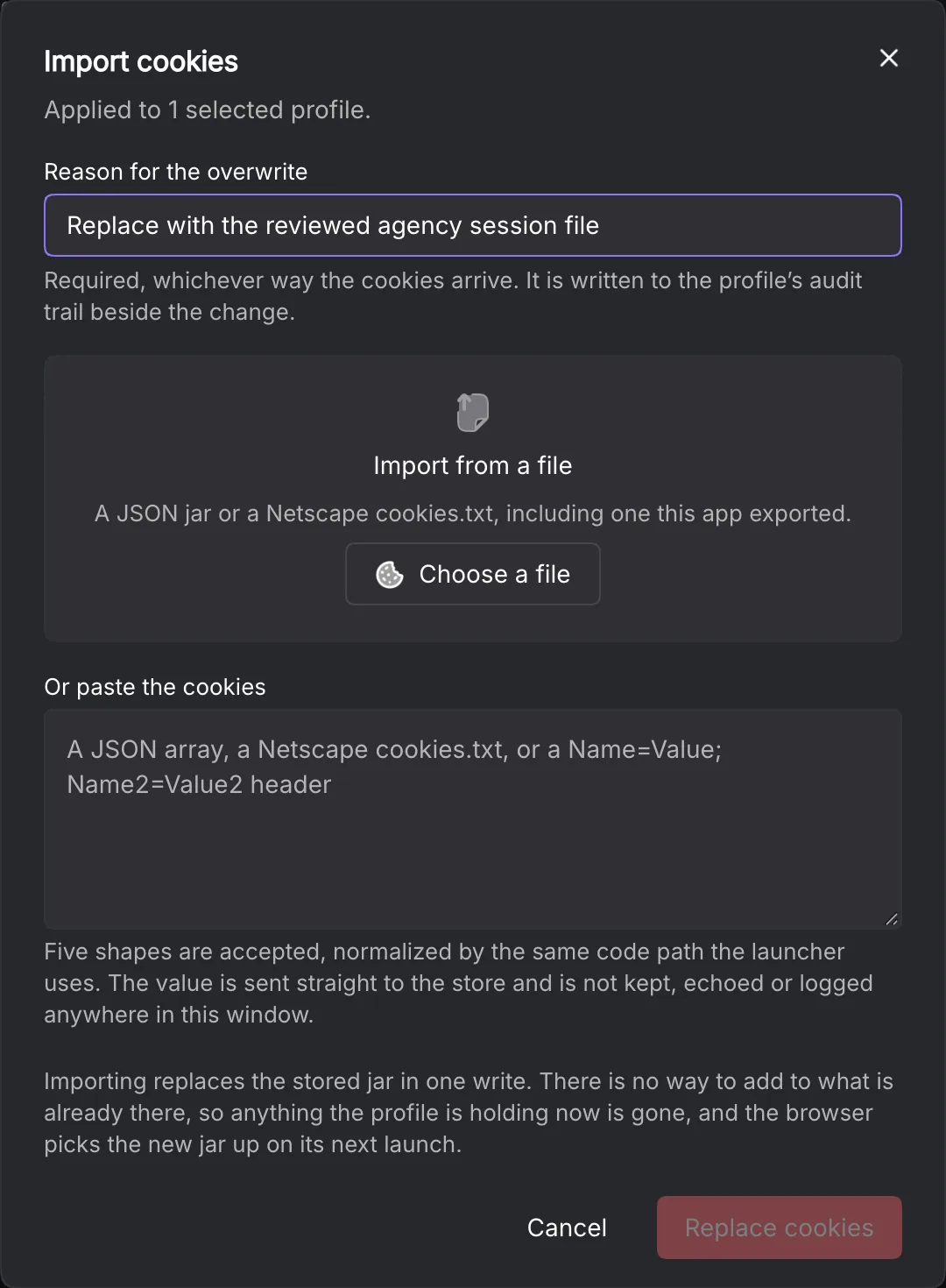 Complete cookie-import dialog with a synthetic overwrite reason
