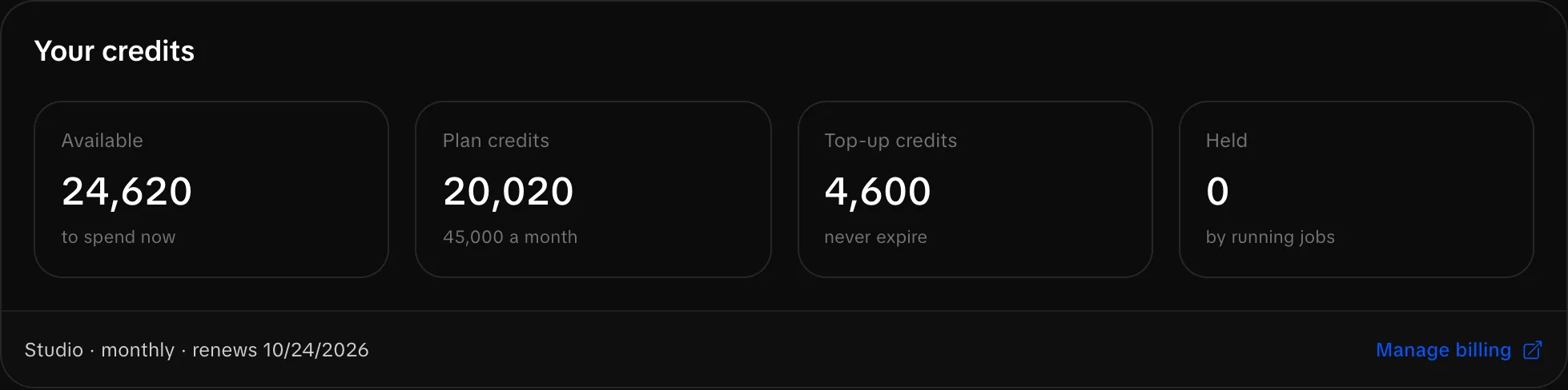 Credit wallet showing available, plan, top-up and held credits