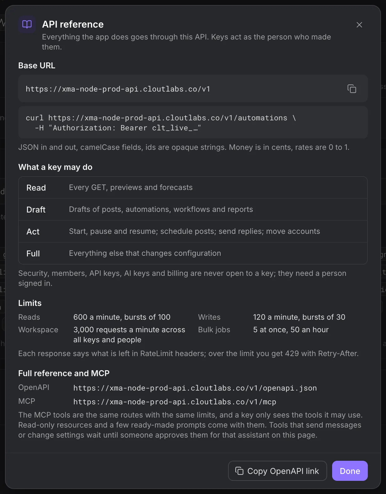 API reference dialog showing the base URL, access tiers, limits and OpenAPI link
