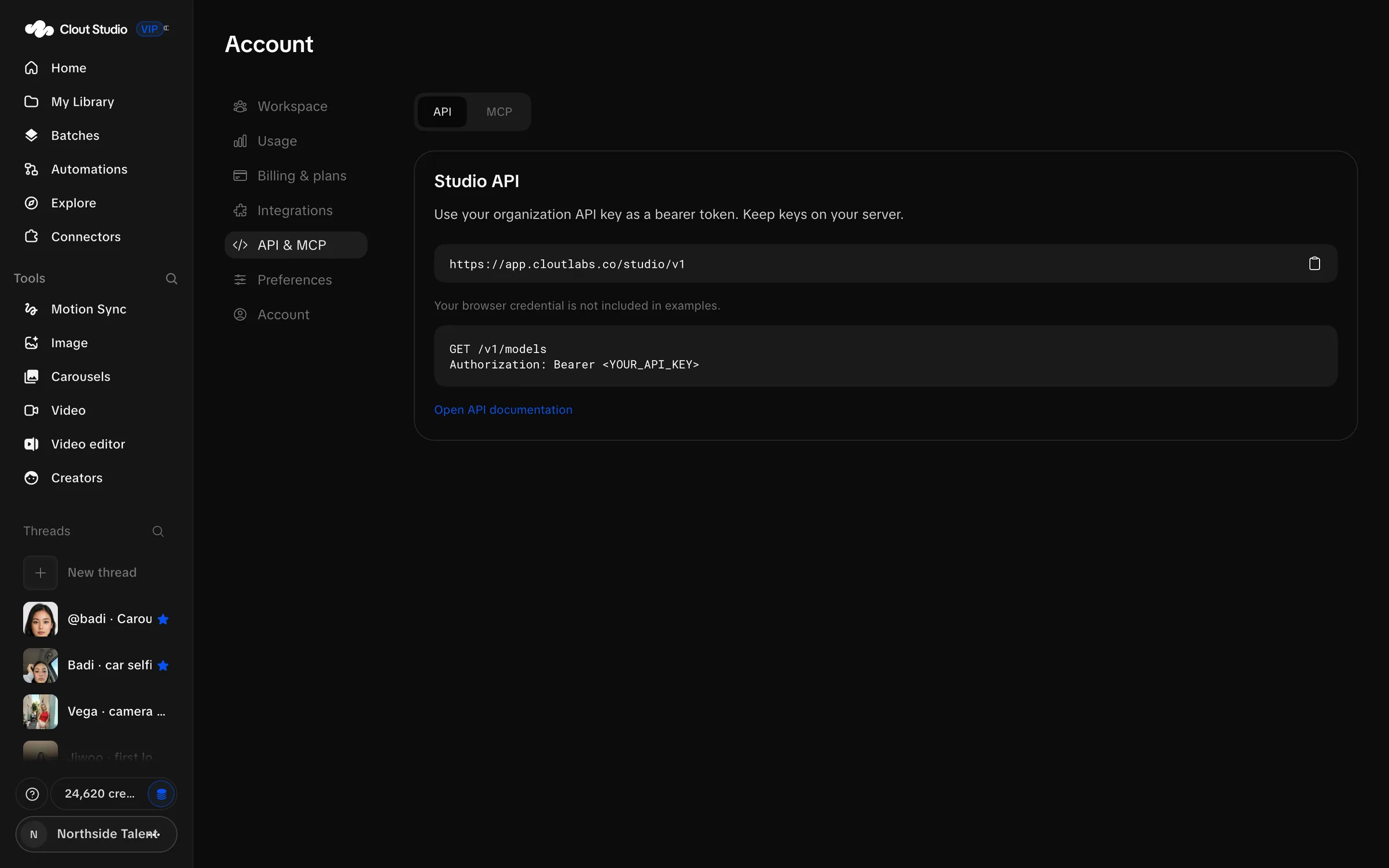 Account API panel showing the base URL and authorization pattern
